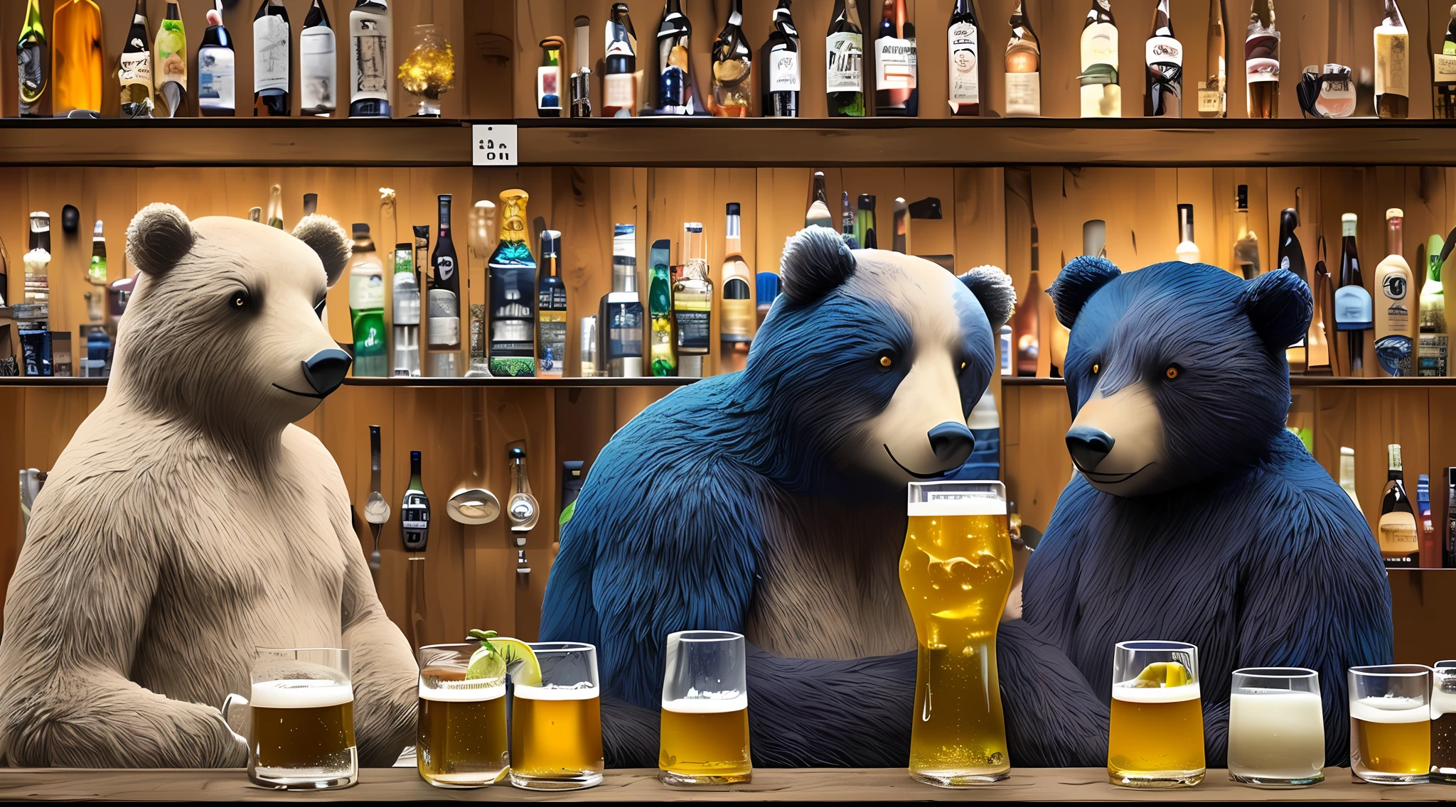 there are [three:1.5] men who are standing next to each other, behind the bar deck with beer mugs, humanoid bears, barrels,(Masterpiece, maximalism, best quality, 8k, high quality, ultra high res, highest quality, ultra detailed, 8k uhd, realistic, highly detailed, ultra-detailed: 1.0), (Cinematic Lighting, Hdr, Sharp Focus, Photorealistic, Realistic: 1.0),(((masterpiece))