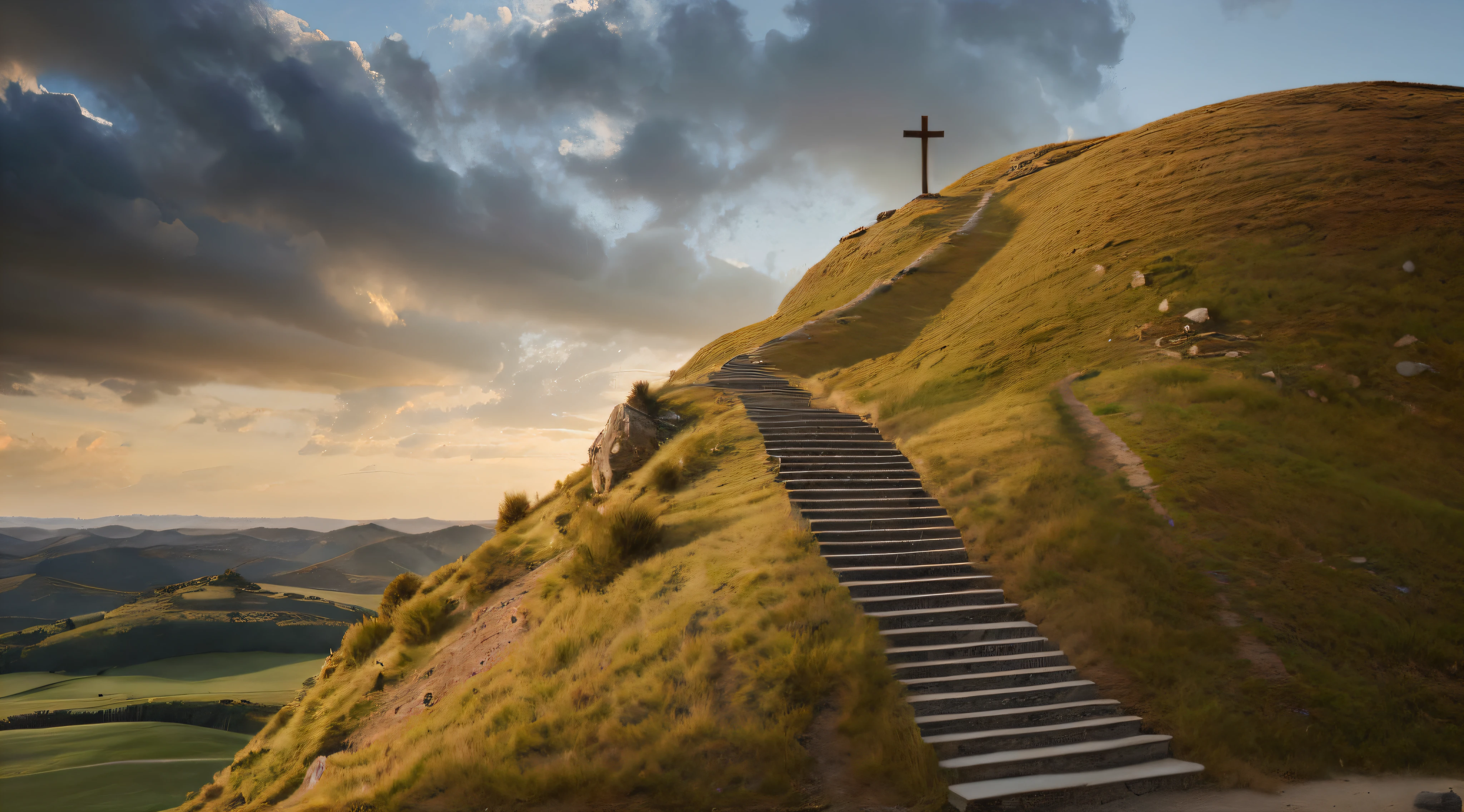 "RAW landscape photography, minute details, photorealistic style, ultra-realistic quality in 8k UHD resolution, soft lighting and subtle film grain. Masterpiece with a cross in the background." --auto