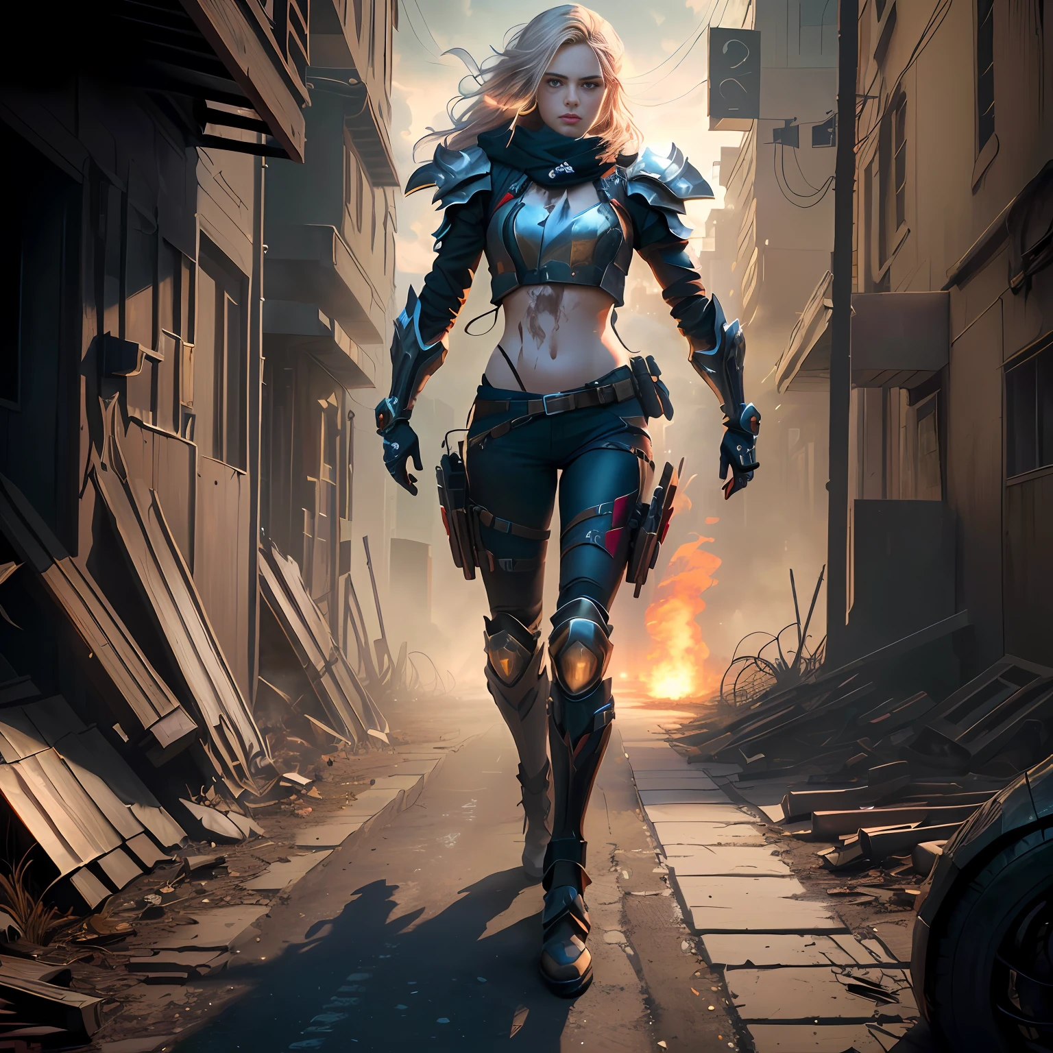 An agent, charming when she can be seen and almost invisible when in the shade. With a detailed bow and arrow and a detailed and broken glass armor. In a background of tall buildings and smoke or fog. In a defensive position, ready to fight. With a light effect on the arc