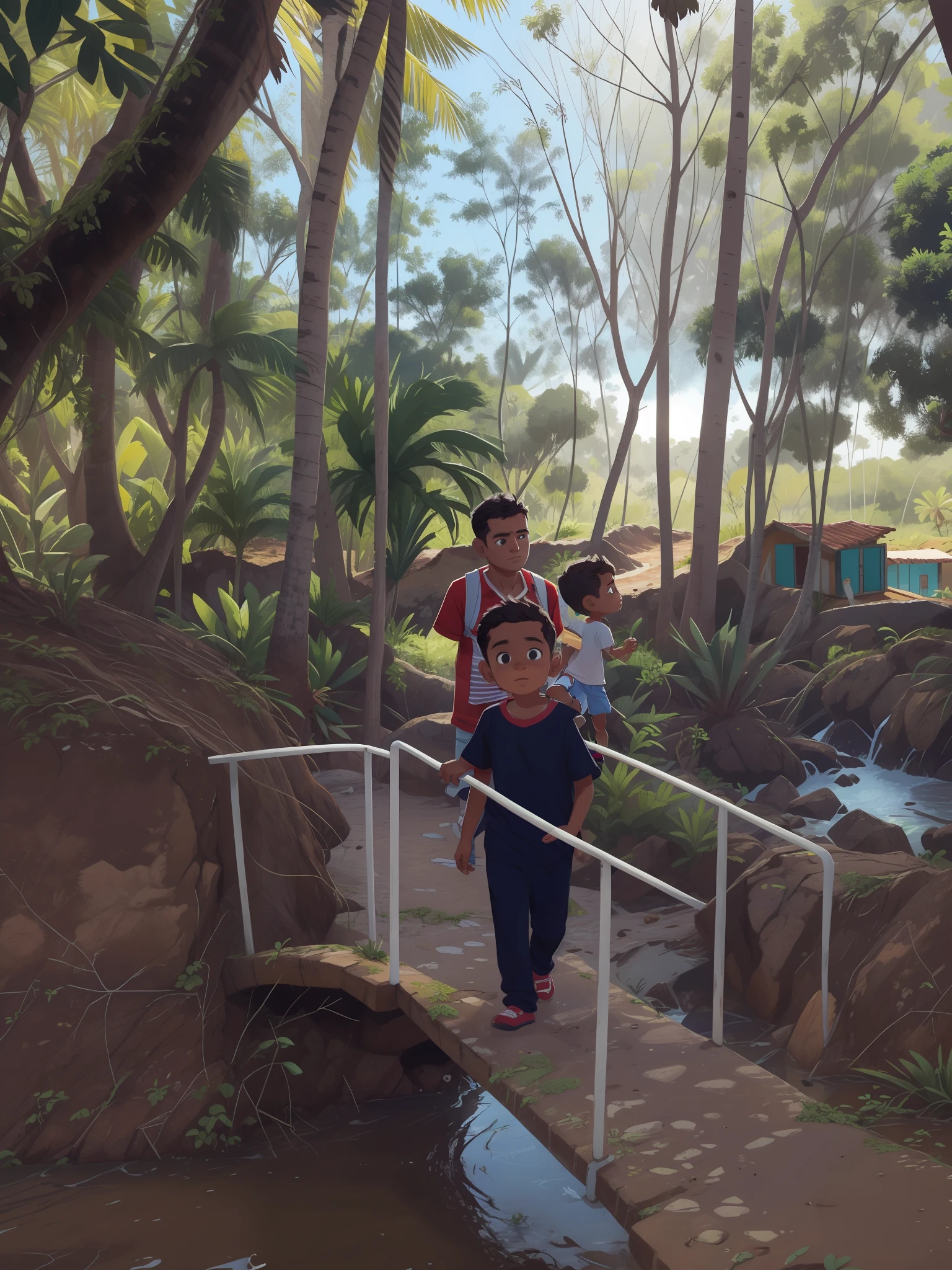 Gabriel exploring the outskirts of Bahia das Palmeiras, with his grandfather, Seu Joaquim, in the background.