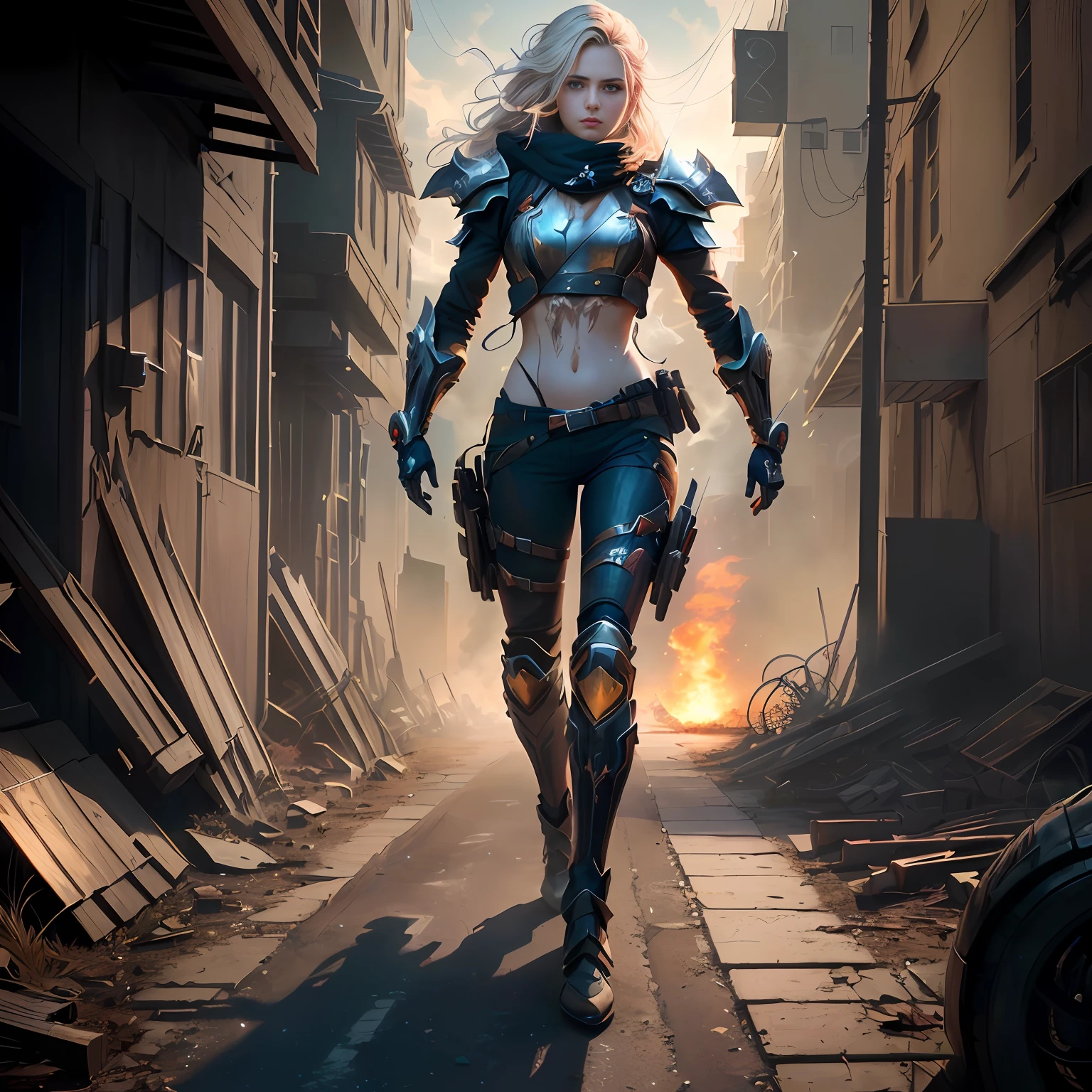 An agent, charming when she can be seen and almost invisible when in the shade. With a detailed bow and arrow and a detailed and broken glass armor. In a background of tall buildings and smoke or fog. In a defensive position, ready to fight. With a light effect on the arc