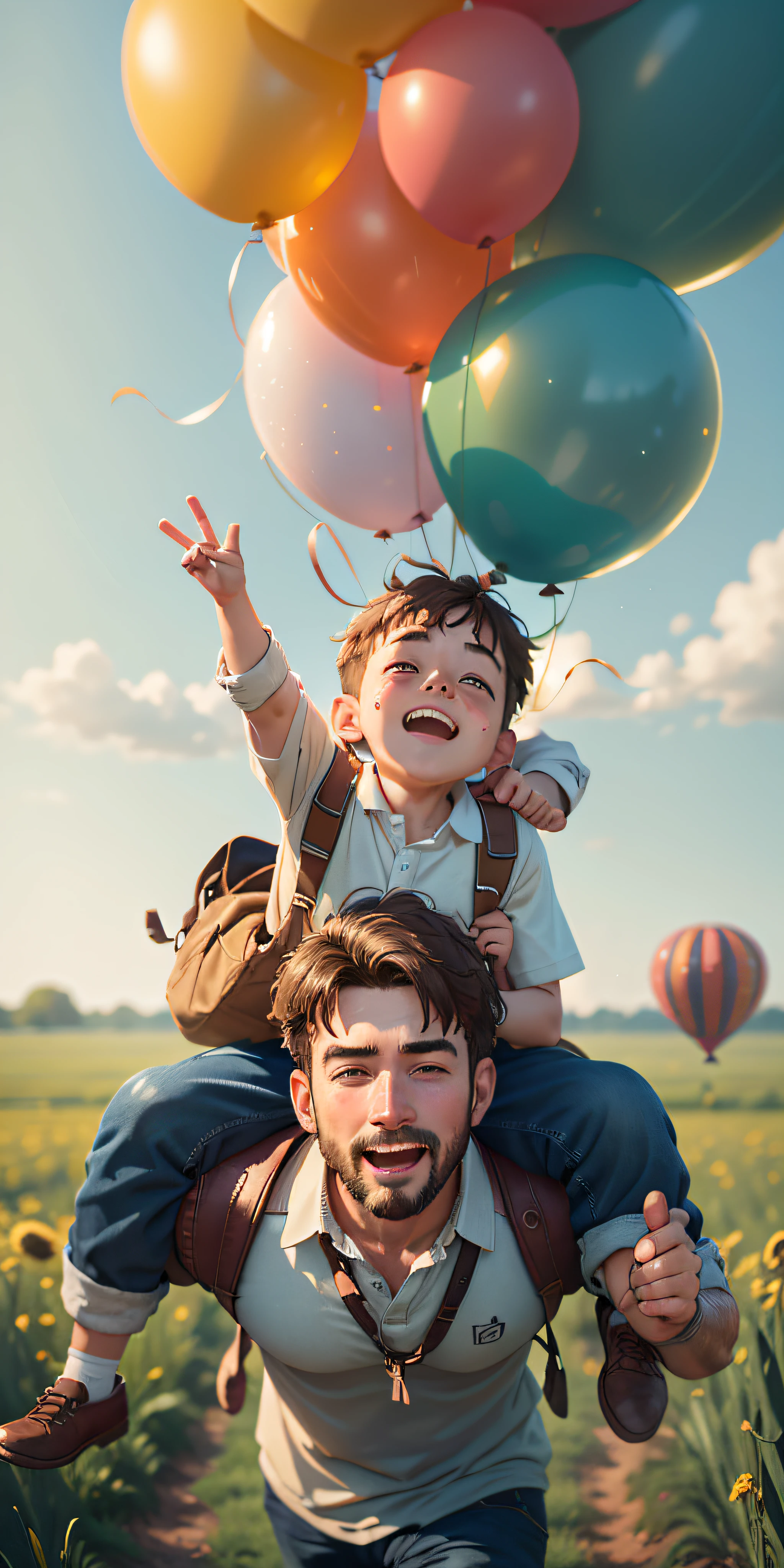 A father and son, son riding on the father's shoulders, field outing, many balloons, happy, happy, perfect quality, clear focus (clutter-home: 0.8), (masterpiece: 1.2) (Realistic: 1.2) (Bokeh) (Best quality) (Detailed skin: 1.3) (Intricate details) (8K) (Detail Eyes) (Sharp Focus), (Happy)
