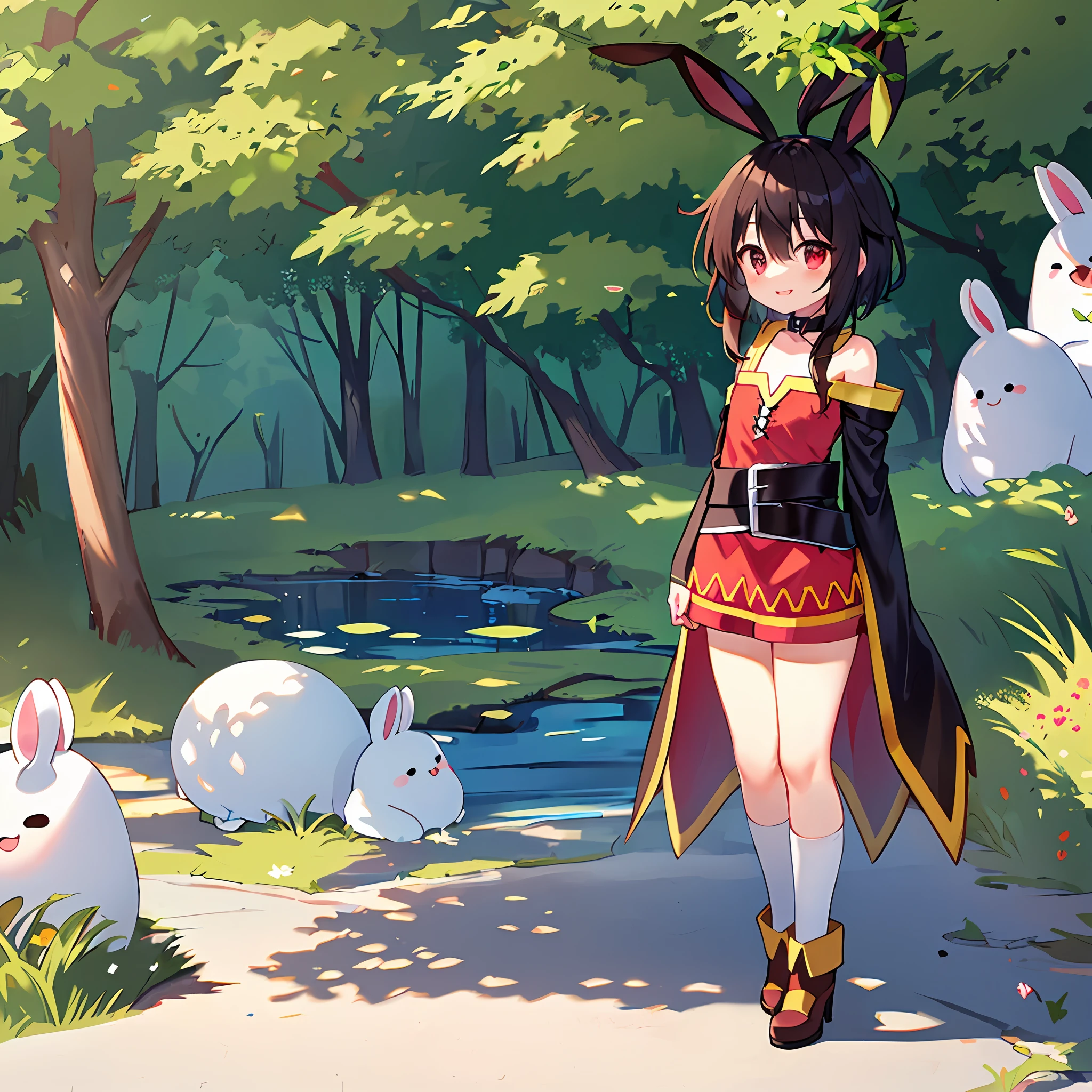 (white background: 1.4), (chibi: 1.2), masterpiece, best quality, solo, megumin, Konosuba, ((an extremely delicate and beautiful girl)), (full body: 1.2), rabbit ear, short hair, black hair, red eyes, medium chest, white dress, standing, (balhos), happy, , fantasy, (surrounded by nature)