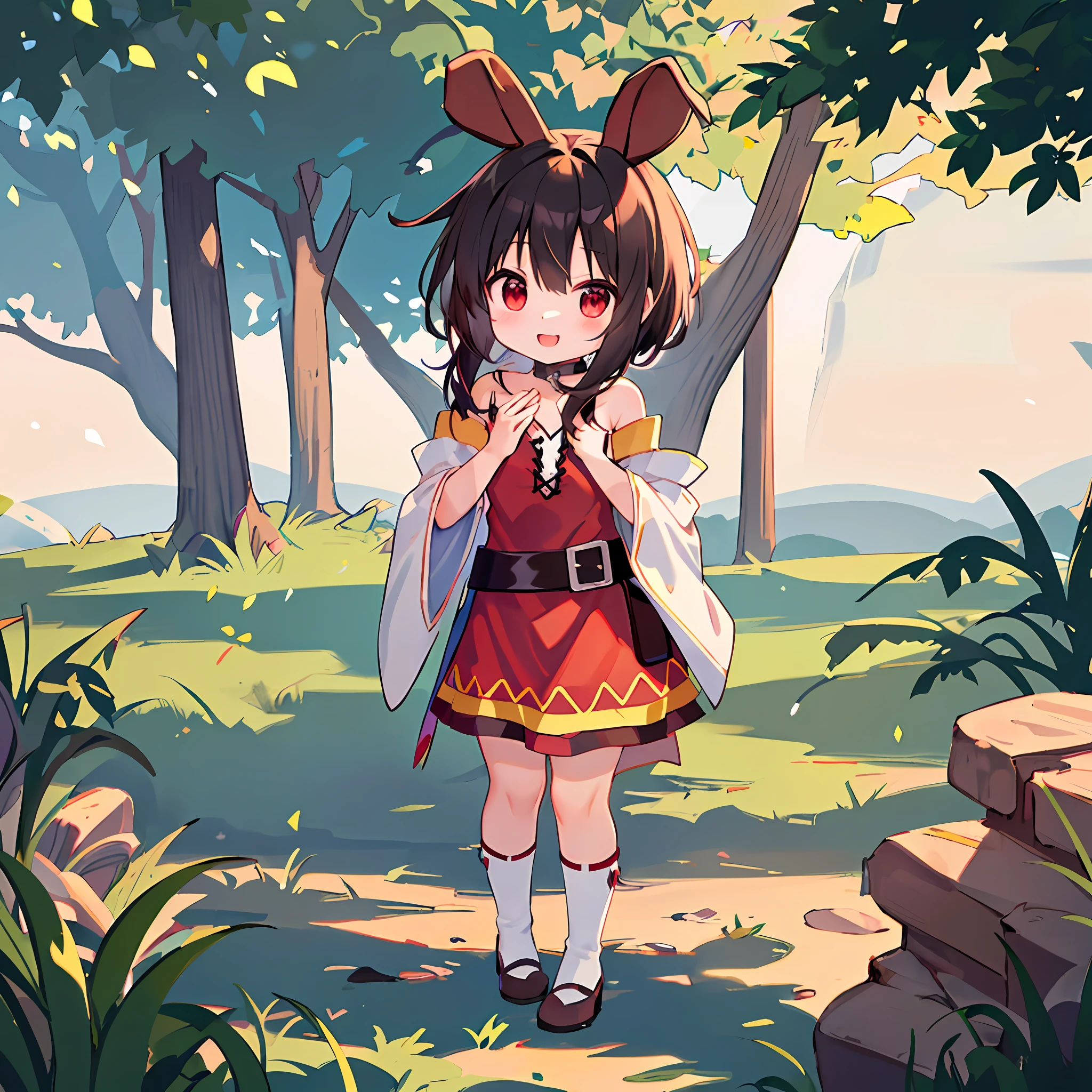 (white background: 1.4), (chibi: 1.2), masterpiece, best quality, solo, megumin, Konosuba, ((an extremely delicate and beautiful girl)), (full body: 1.2), rabbit ear, short hair, black hair, red eyes, medium chest, white dress, standing, (balhos), happy, , fantasy, (surrounded by nature)