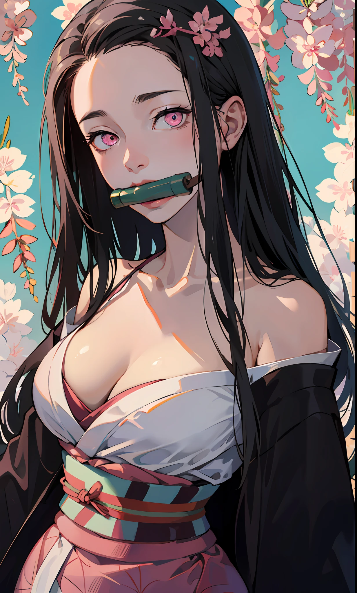 masterpiece, (pink kimono), seductive face, good lighting, décolleté, huge breasts, small details, masterpiece, glowing eyes, 1girl, black hair, gag, bamboo, Nezuko Kamado, wisteria background, masterpiece, best quality, POV, whole body, wide hips,
