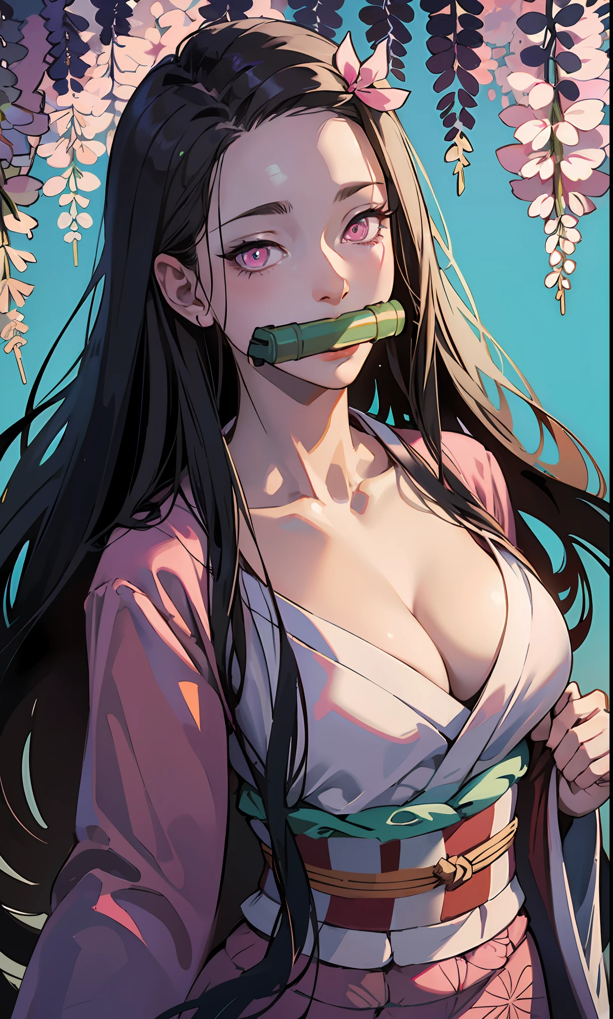 masterpiece, (pink kimono), seductive face, good lighting, décolleté, huge breasts, small details, masterpiece, glowing eyes, 1girl, black hair, gag, bamboo, Nezuko Kamado, wisteria background, masterpiece, best quality, POV, whole body, wide hips,