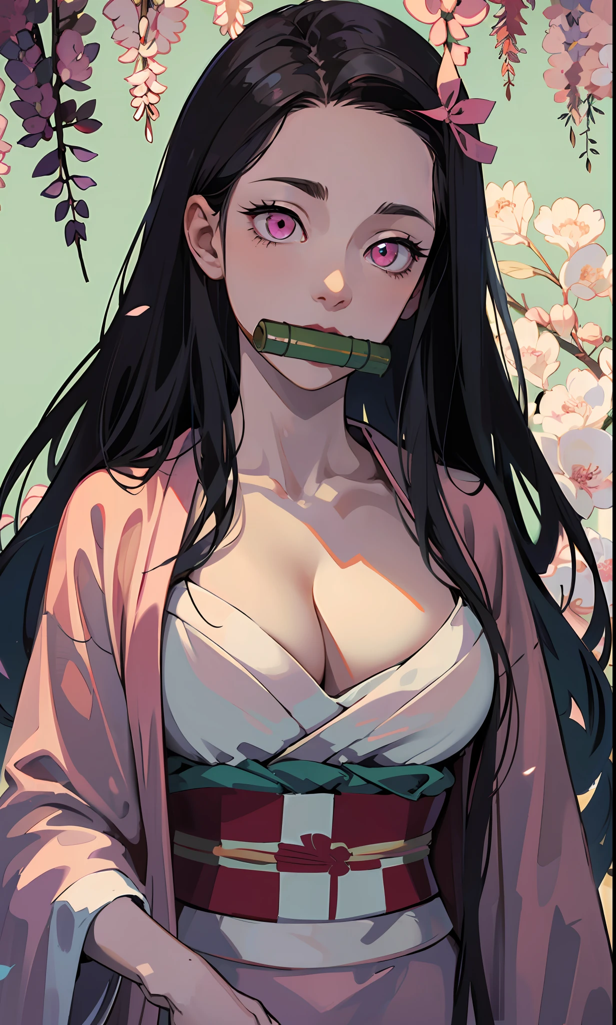 masterpiece, (pink kimono), seductive face, good lighting, décolleté, huge breasts, small details, masterpiece, glowing eyes, 1girl, black hair, gag, bamboo, Nezuko Kamado, wisteria background, masterpiece, best quality, POV, whole body, wide hips,