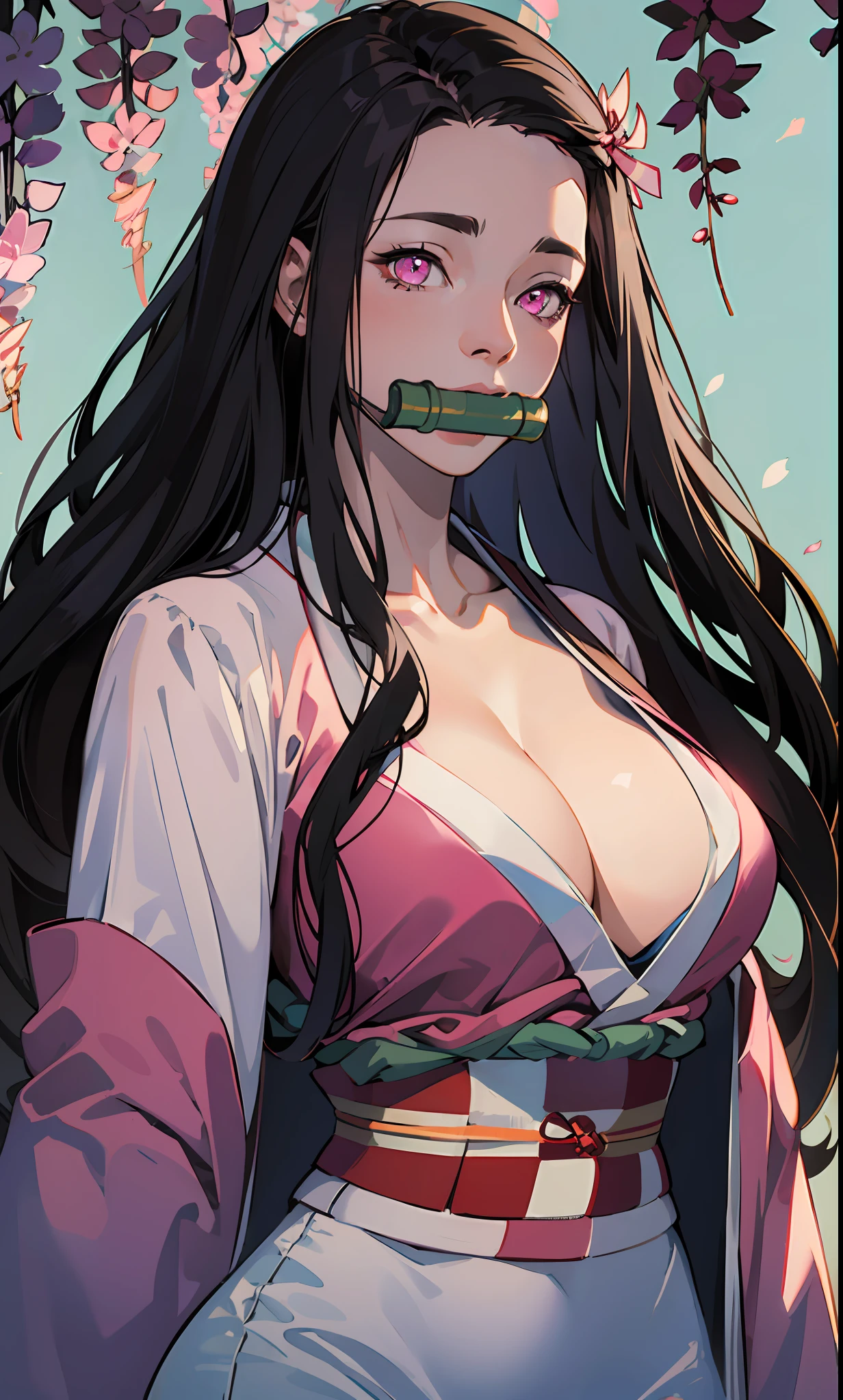 masterpiece, (pink kimono), seductive face, good lighting, décolleté, huge breasts, small details, masterpiece, glowing eyes, 1girl, black hair, gag, bamboo, Nezuko Kamado, wisteria background, masterpiece, best quality, POV, whole body, wide hips,