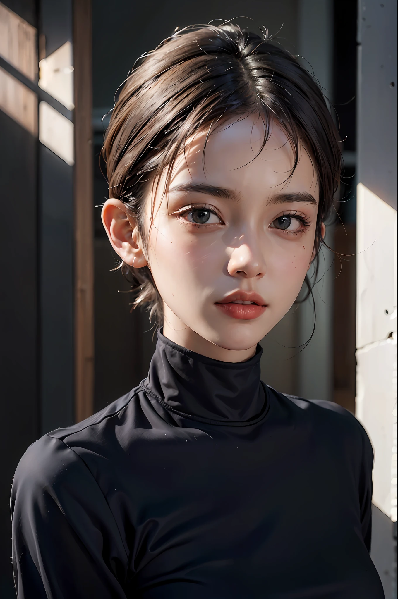 a 30 yo woman,(hi-top fade:1.3),long hair,dark theme, soothing tones, muted colors, high contrast, (natural skin texture, hyperrealism, soft light, sharp),