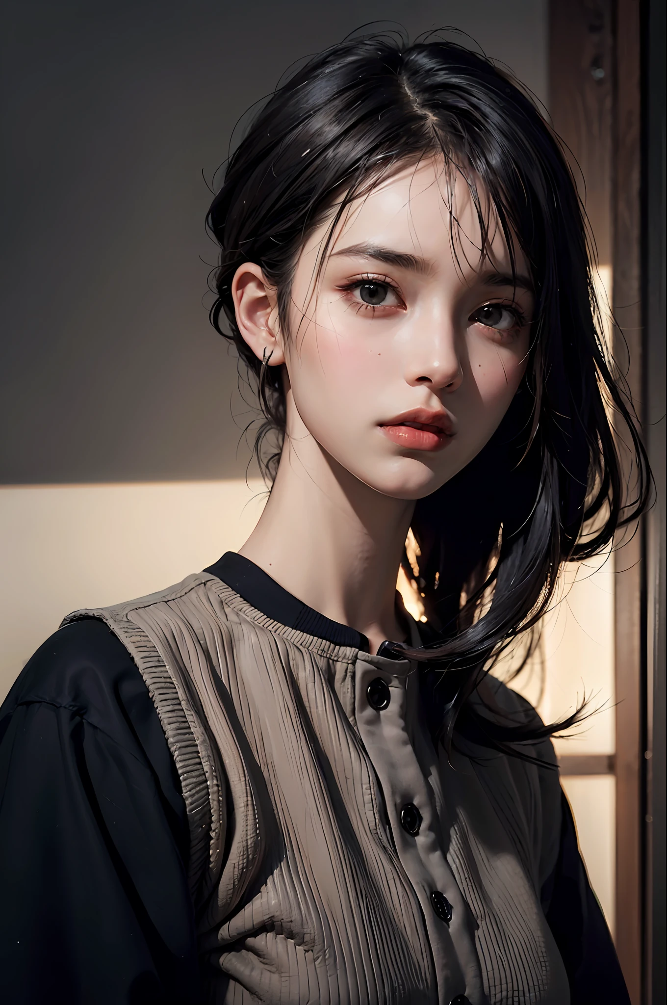 a 30 yo woman,(hi-top fade:1.3),long hair,dark theme, soothing tones, muted colors, high contrast, (natural skin texture, hyperrealism, soft light, sharp),