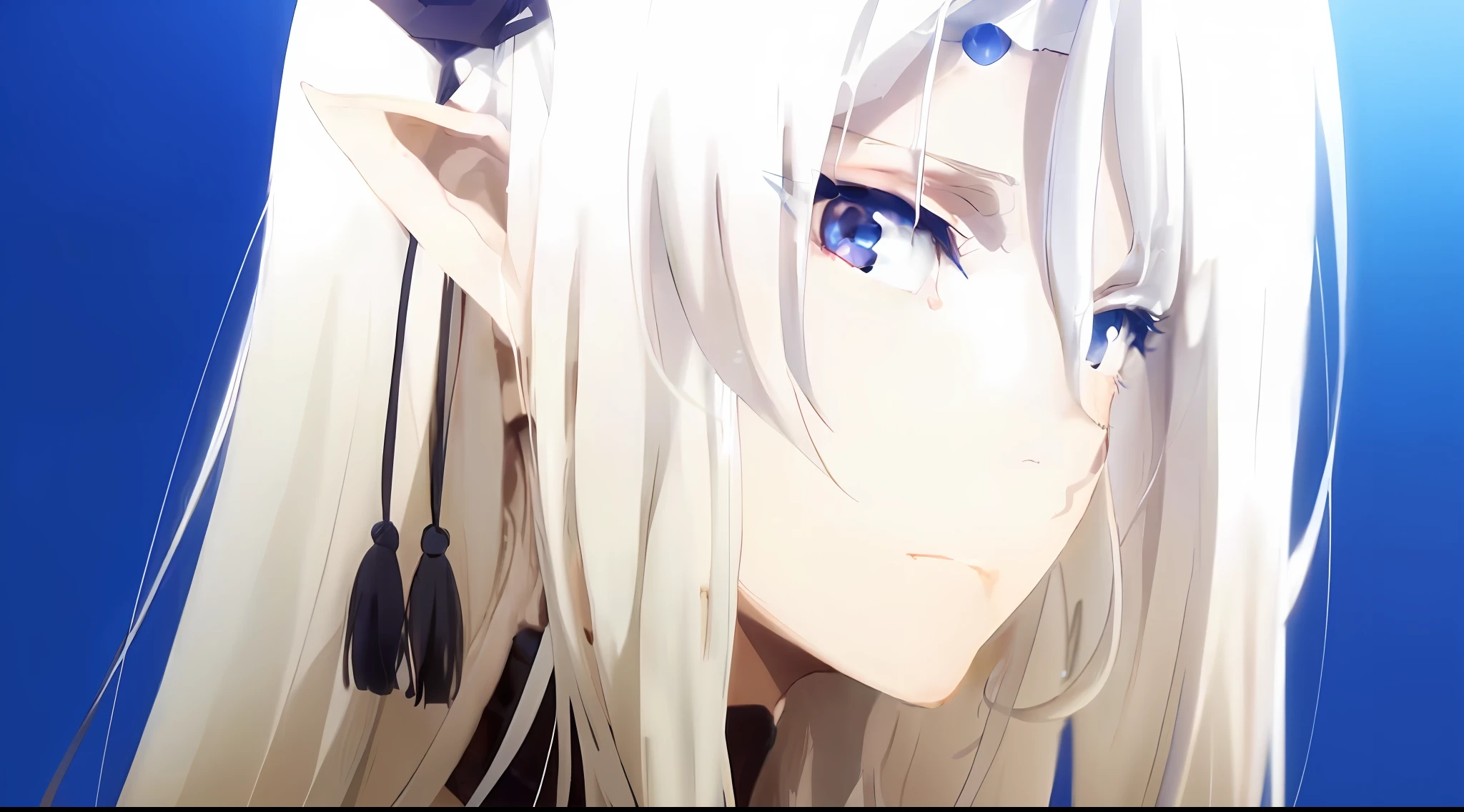 anime girl with long white hair and blue eyes looking at the camera, white haired deity, hajime yatate, white haired, perfect white haired girl, tsuaii, white-haired, with huge luminous sad eyes, anime style like fate/stay night, girl with white hair, fate grand order, screenshot from a 2012s anime