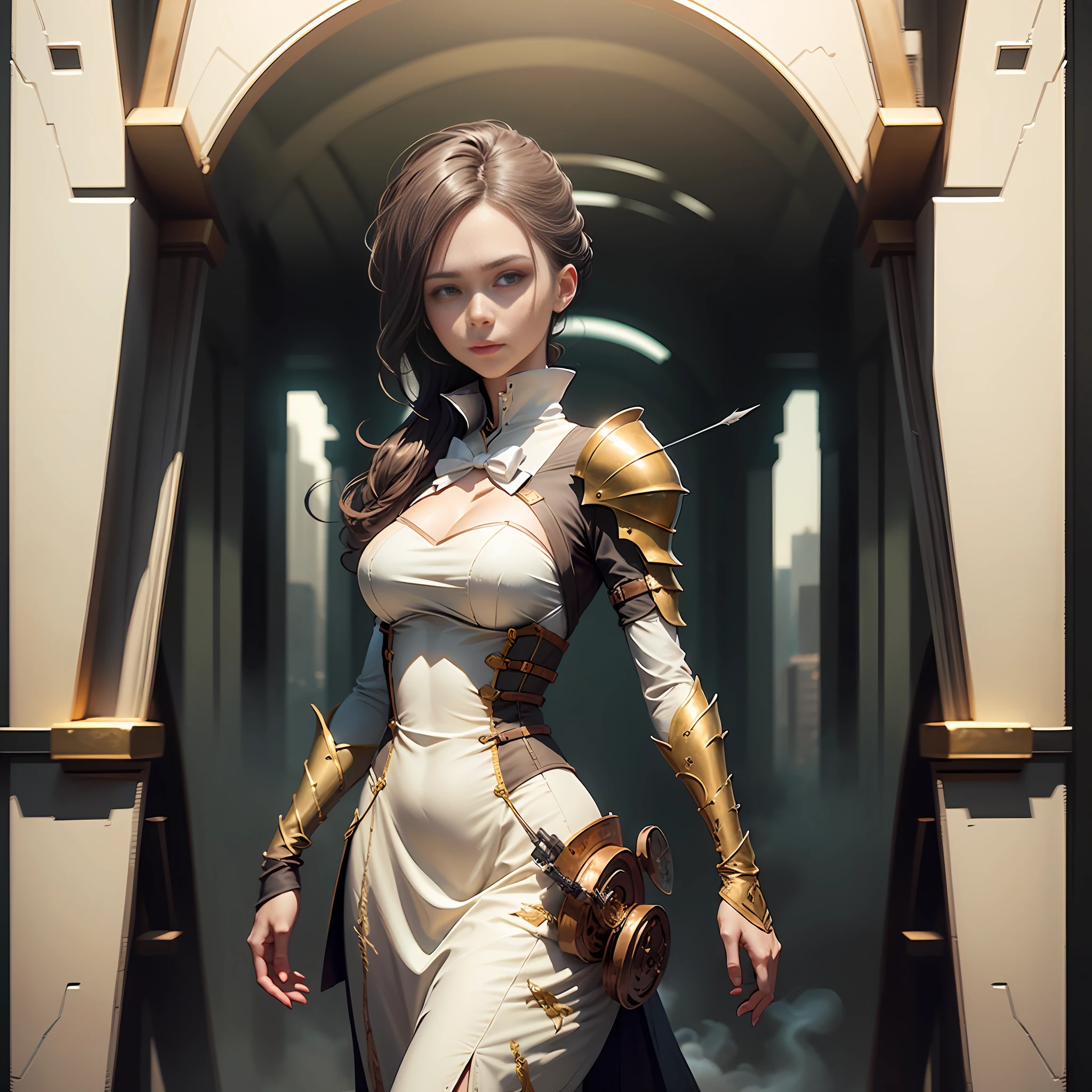 An agent, charming when she can be seen and almost invisible when in the shade. With a detailed bow and arrow and a detailed and broken glass armor. In a background of tall buildings and smoke or fog. In a defensive position, ready to fight. With a light effect in the arc of attack. Art --auto