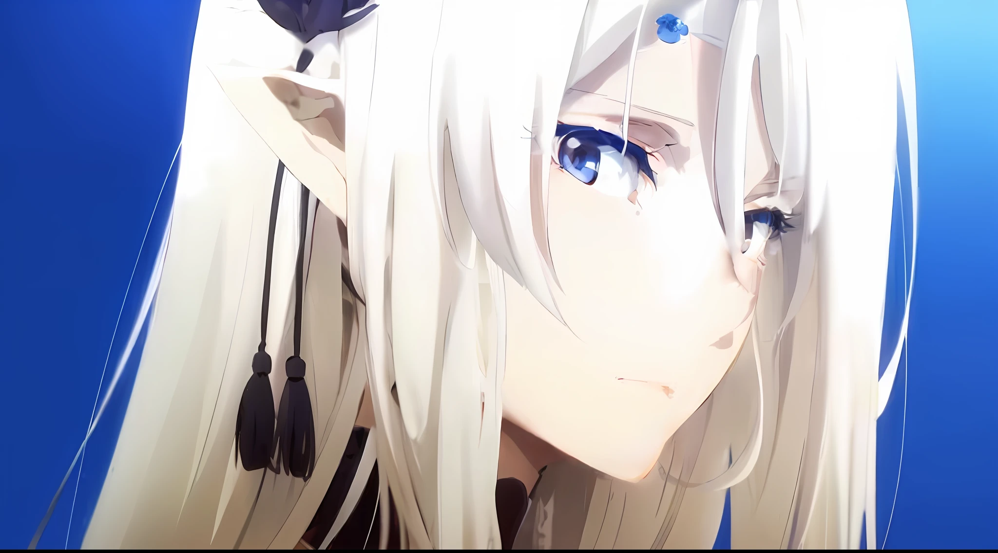 anime girl with long white hair and blue eyes looking at the camera, white haired deity, hajime yatate, white haired, perfect white haired girl, tsuaii, white-haired, with huge luminous sad eyes, anime style like fate/stay night, girl with white hair, fate grand order, screenshot from a 2012s anime