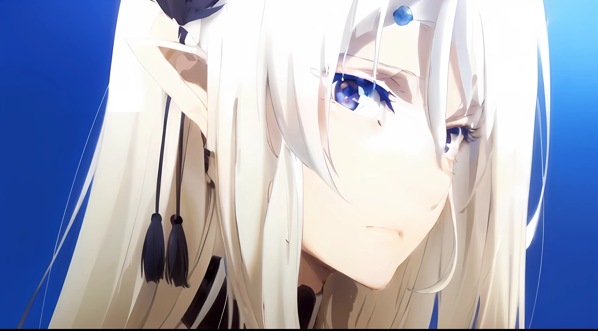 anime girl with long white hair and blue eyes looking at the camera, white haired deity, hajime yatate, white haired, perfect white haired girl, tsuaii, white-haired, with huge luminous sad eyes, anime style like fate/stay night, girl with white hair, fate grand order, screenshot from a 2012s anime