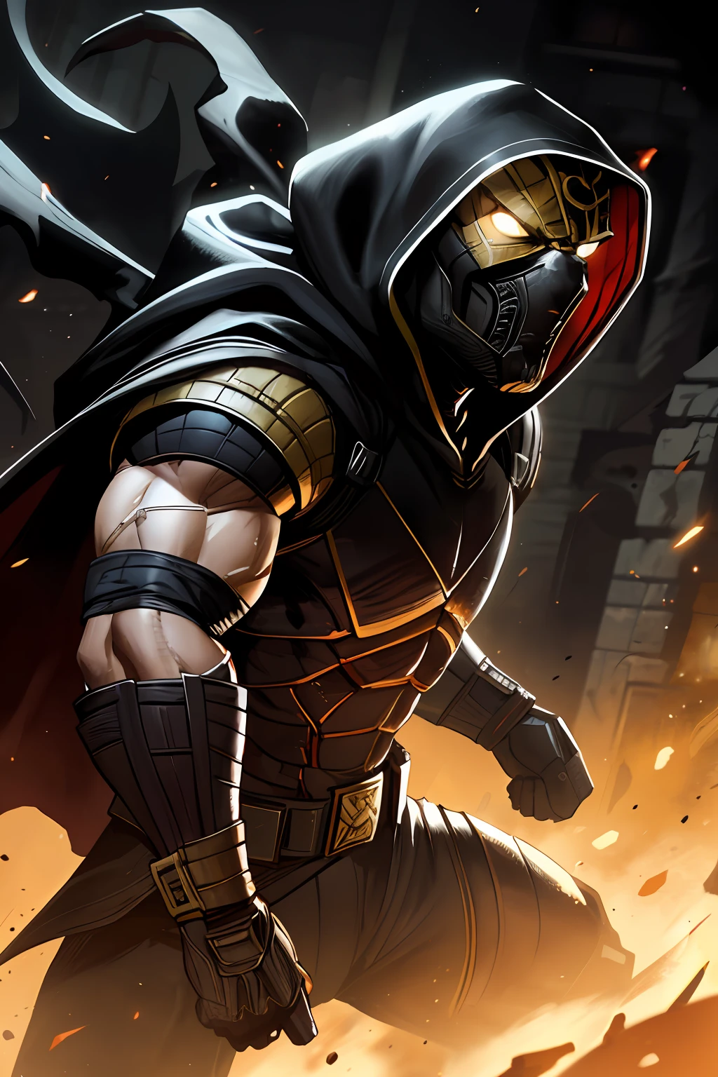Mortal Kombat scorpion, detailed white eyes, bladk and yellow armor, hood, veins on his arm, intricate, high detail, sharp focus, dramatic and photorealistic painting art by Greg Rutkowski, Action scene: Scorpion's fight against Batman in the game Mortal Kombat