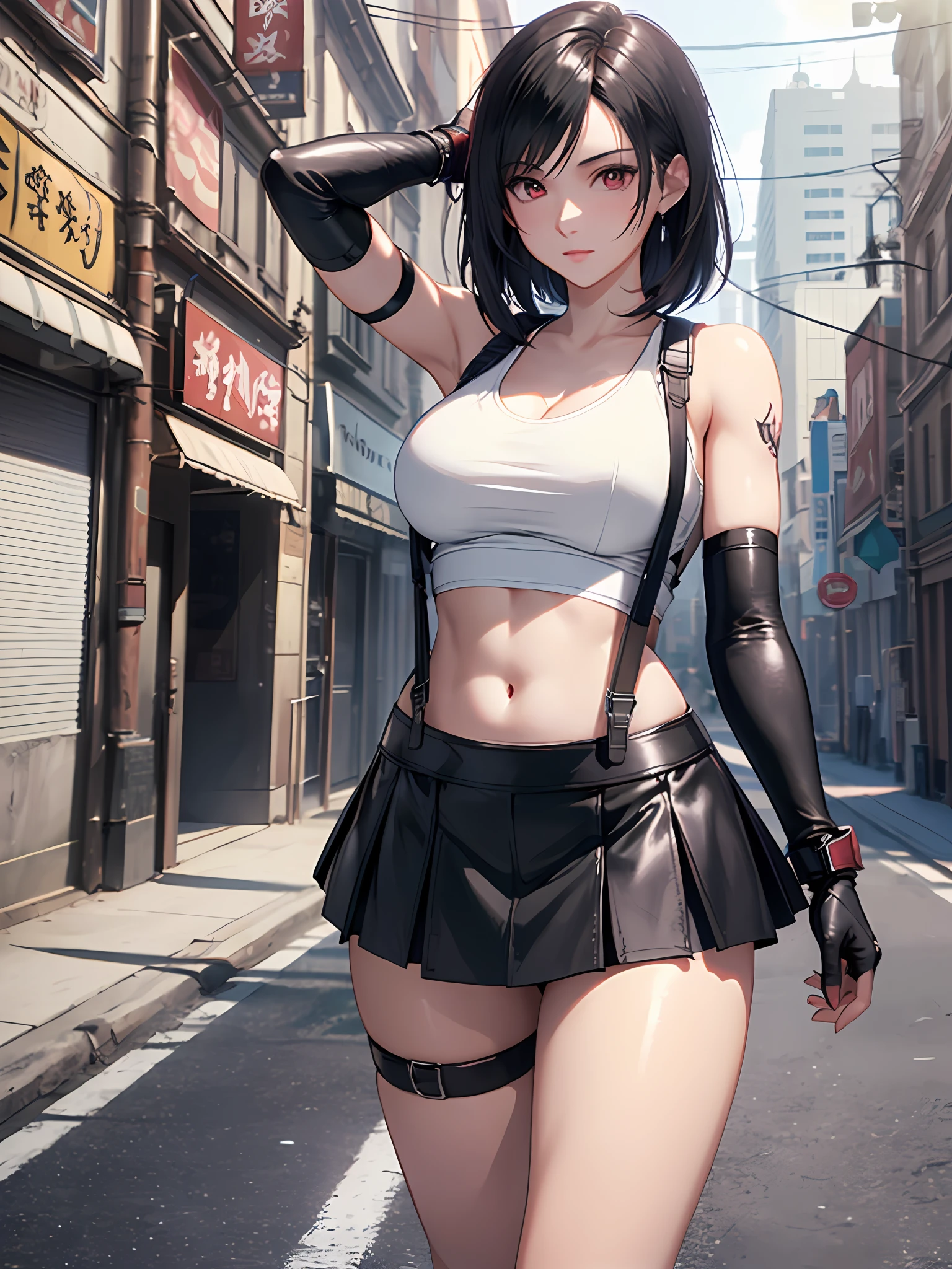 8k,masterpiece, bset quality,big, (1 girl), tifa lockhart, red_eyes, black hair, long hair, professional lighting, (shiny skin: 1.2), shiny big, ((best quality)), sharp focus: 1.2, highly detailed face and skin texture, detailed eyes, perfect face, perfect body, blur art, cg, backgroundBig breasts, 20yo, mature cool beautiful face, wearing ((suspenders black skirt), black elbow gloves, white taut shirt, thigh, white tank top), blush, (mittgal), random pose, short cut bob hair short hair