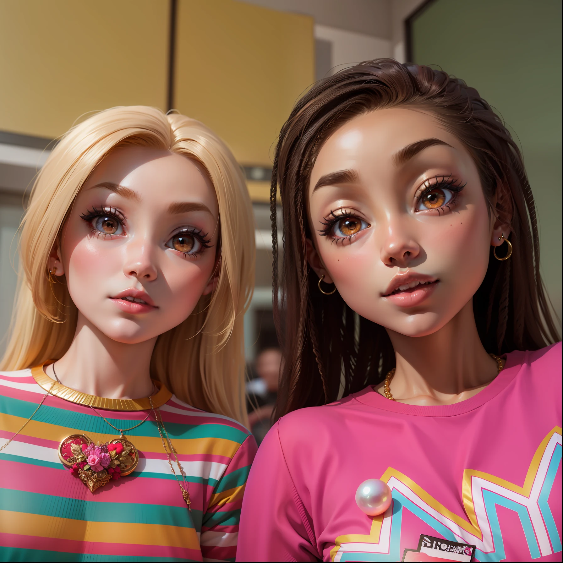 anime, manga style, Barbie doll in style, with light brown hair, bold face. red cheeks, young, white skin, big pink lips and cute, brown eyes, pink top mini pink skirt, gold pearl necklace, best quality --auto --s2