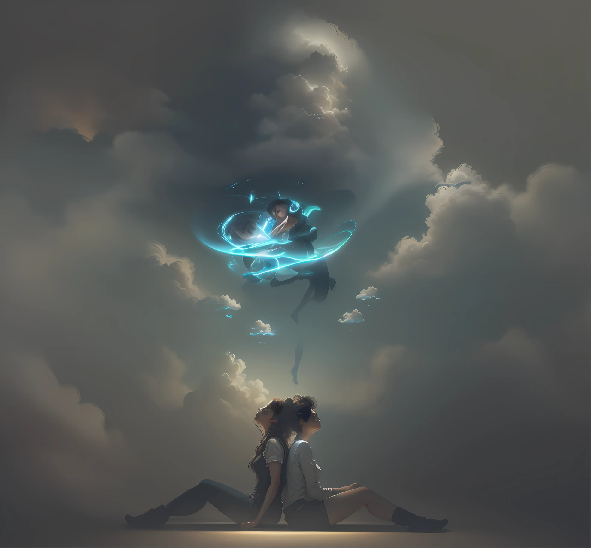 two women sitting on the floor with a drawing of a man and a woman, promotional art, thinking pose, dramatic thinking pose, promotional image, thoughtful), ad image, thinker pose, full image, expressive pose, thoughtful, next generation, looking at each other without thinking, artistic interpretation, artistic impression, generation z, expressive poses, photo shoot, thoughts, whirling, clouds thoughts with rays sad weather inside an empty room, face in hand, hiding face, sad action, realistic, super realistic, super detailed