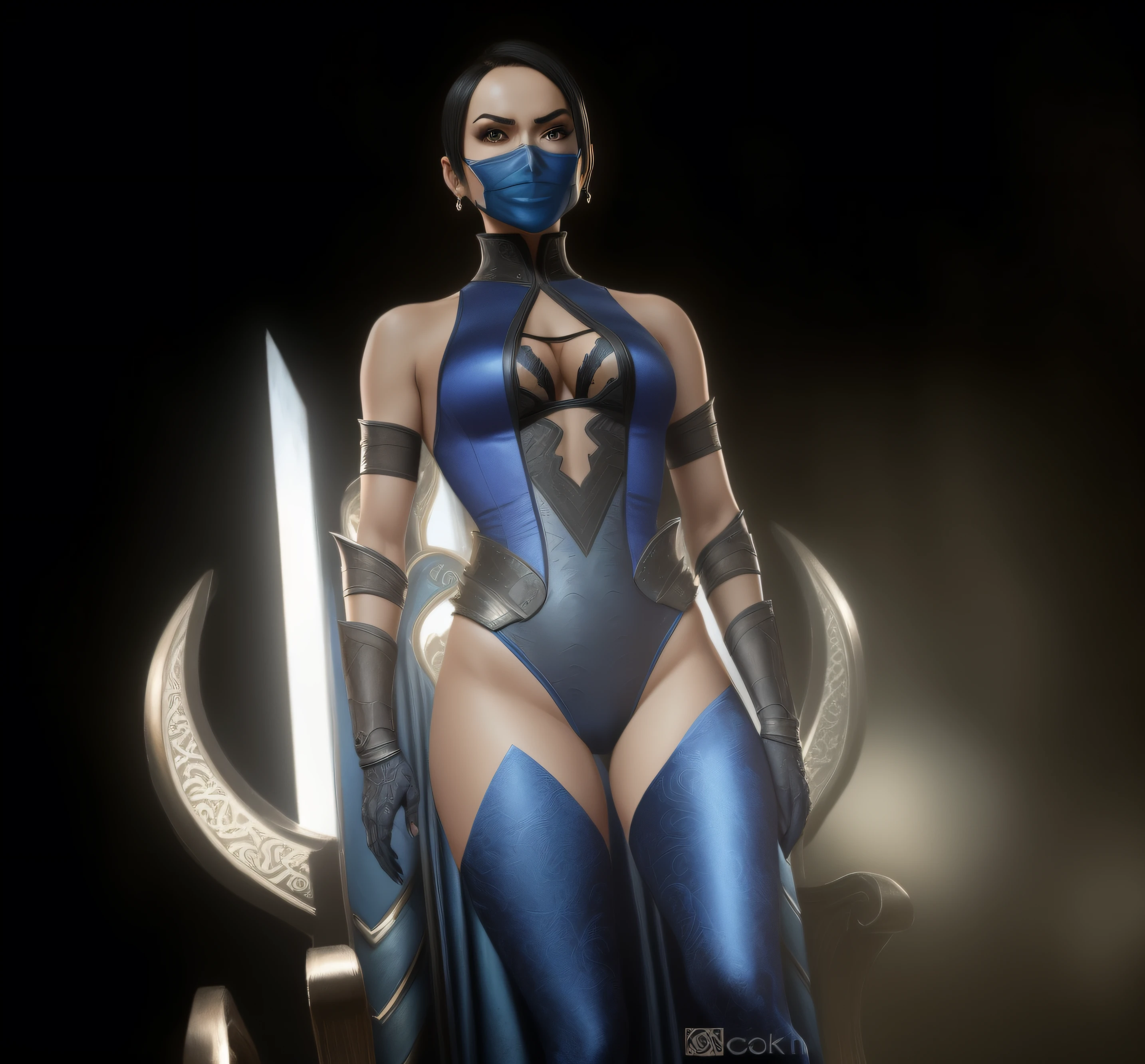 Kitana from Mortal Kombat, in blue mask, blue and black high cut leotard, blue and black leggings, standing in front of an elaborate throne, realistic art style, intricate details