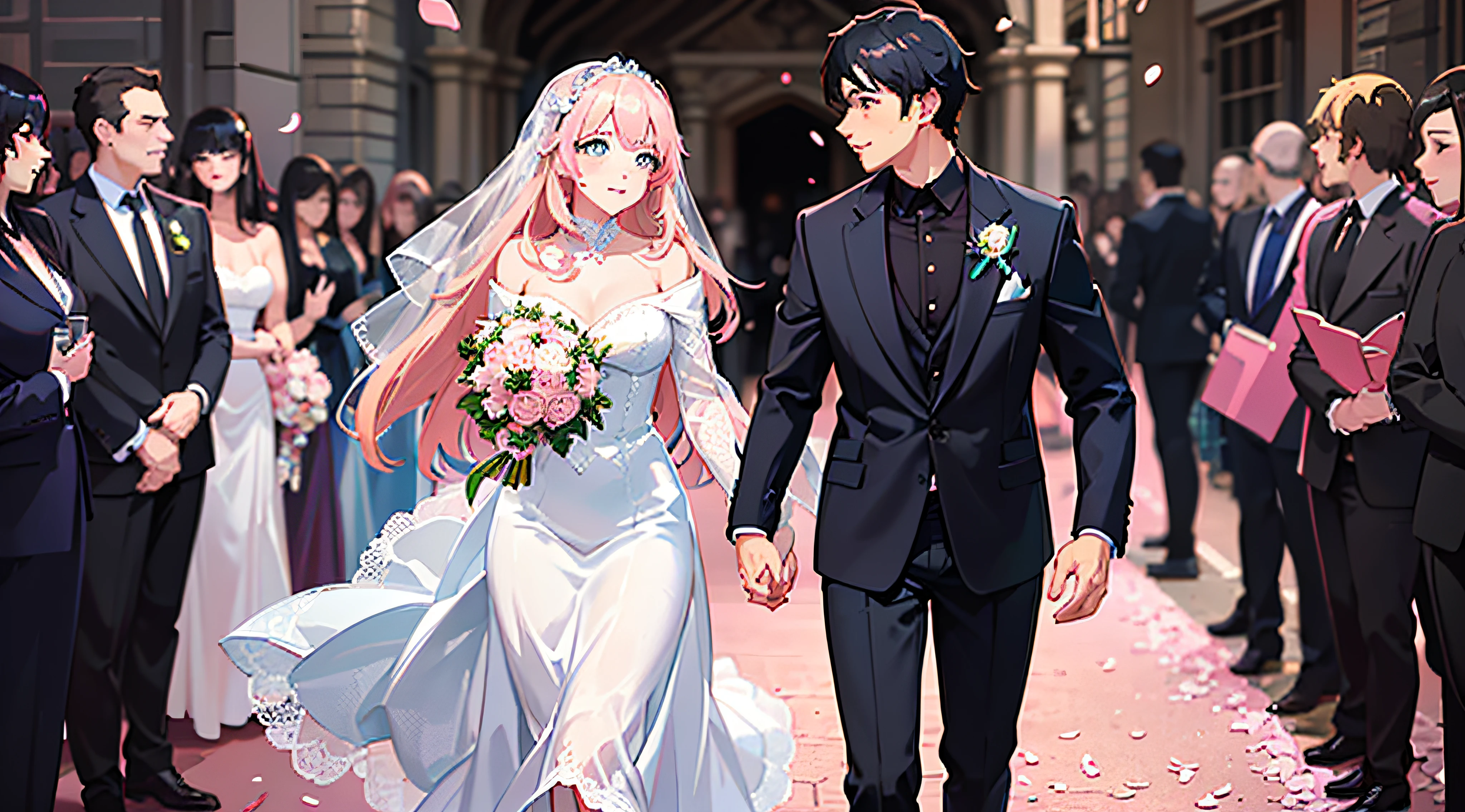 (woman with pink hair pinned, light blue eyes sparkling)+(man with black hair and bright dark blue eyes)+(anime style Ilya Kuvshinov:1.2)+(newlywed couple walking out of the church in front of a limousine with falling pink petals)+(full body image)