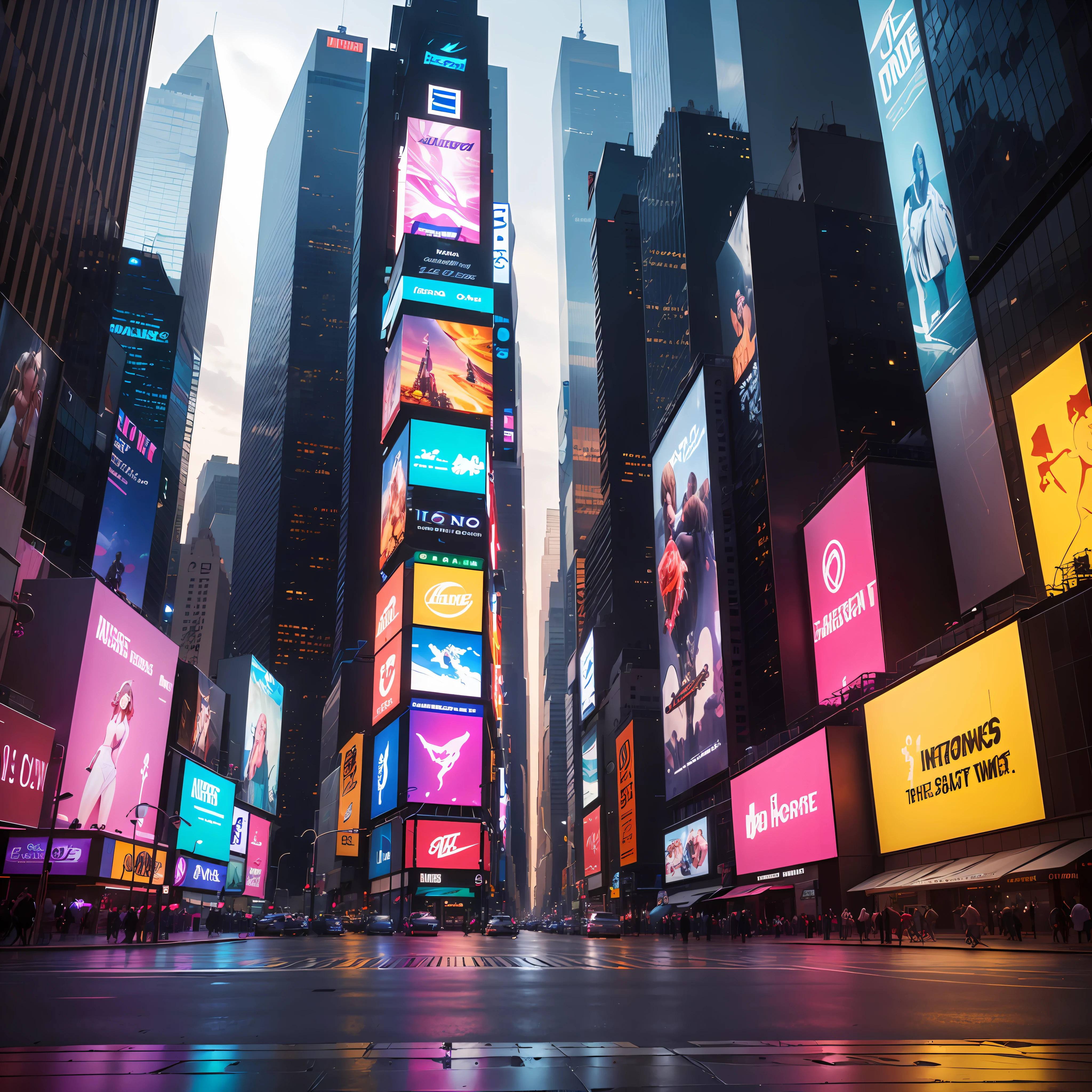 "A stunning scene in Times Square, the heart of New York City, where neon lights shine brightly on the empty street, creating a breathtaking visual spectacle. With the Unreal 5 engine, every detail is reproduced in high definition, providing a unique immersive experience. On the LED panel, the iconic Nike logo shines, adding a touch of style and modernity. This image captures the vibrant, futuristic atmosphere of Times Square in all its splendor."