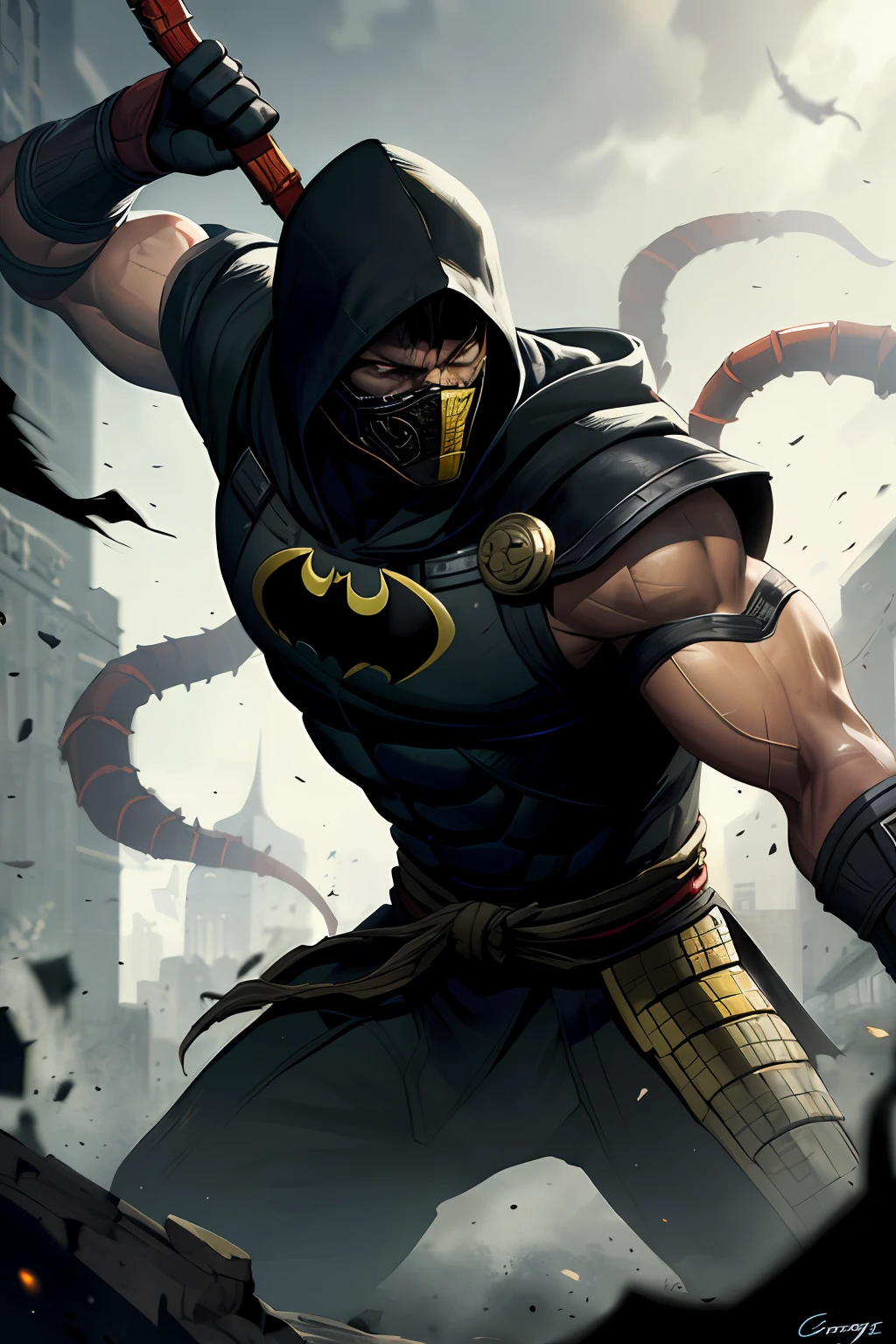 Mortal Kombat scorpion, detailed white eyes, bladk and yellow armor, hood, veins on his arm, intricate, high detail, sharp focus, dramatic and photorealistic painting art by Greg Rutkowski, Action scene: Scorpion's fight against Batman in the game Mortal Kombat