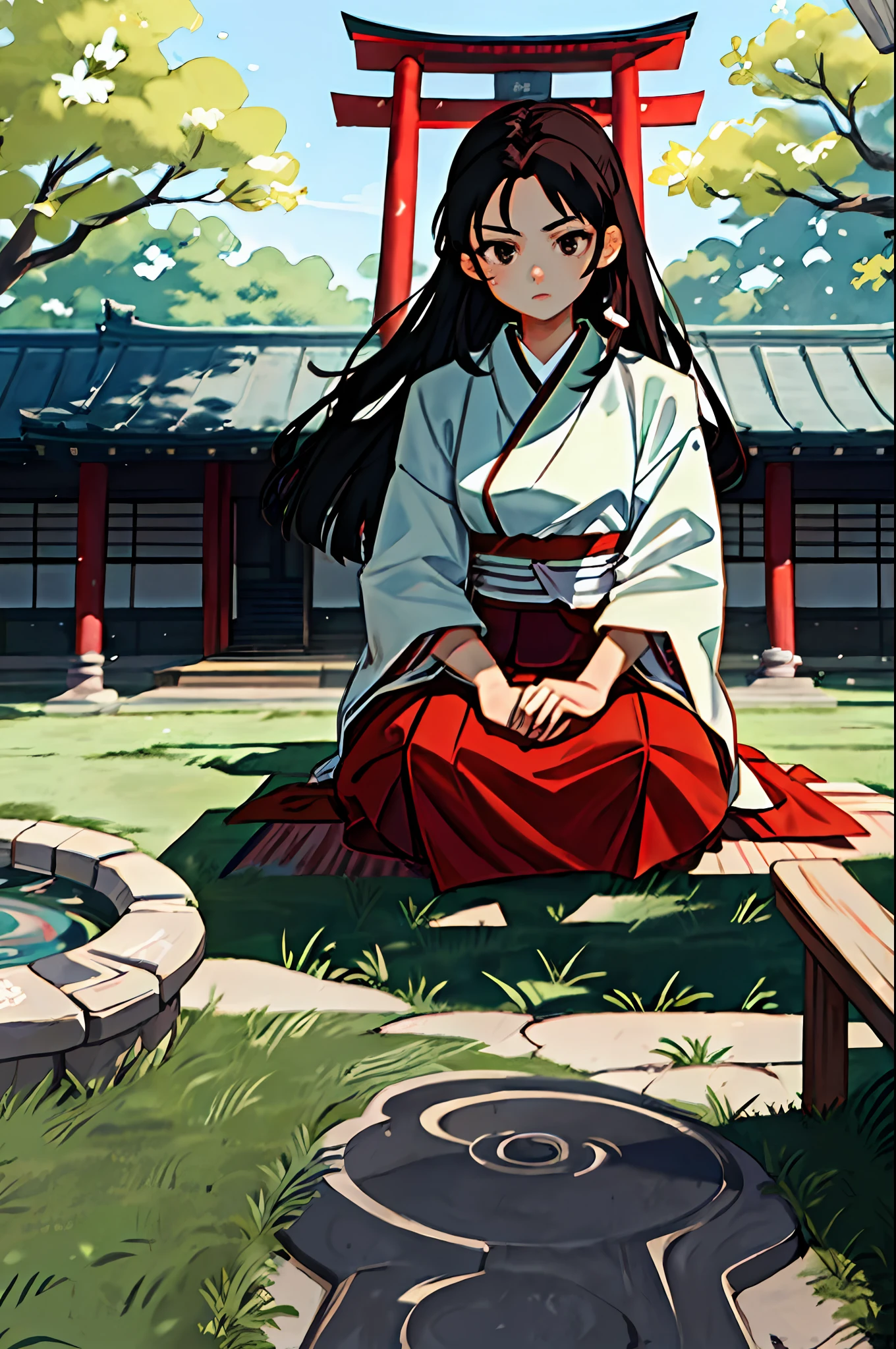 masterpiece, best quality, 1girl, dark hair, dark eyes, hakama red and white, outdoor, sitting, field, village, bottom, face, ancient japanese temple