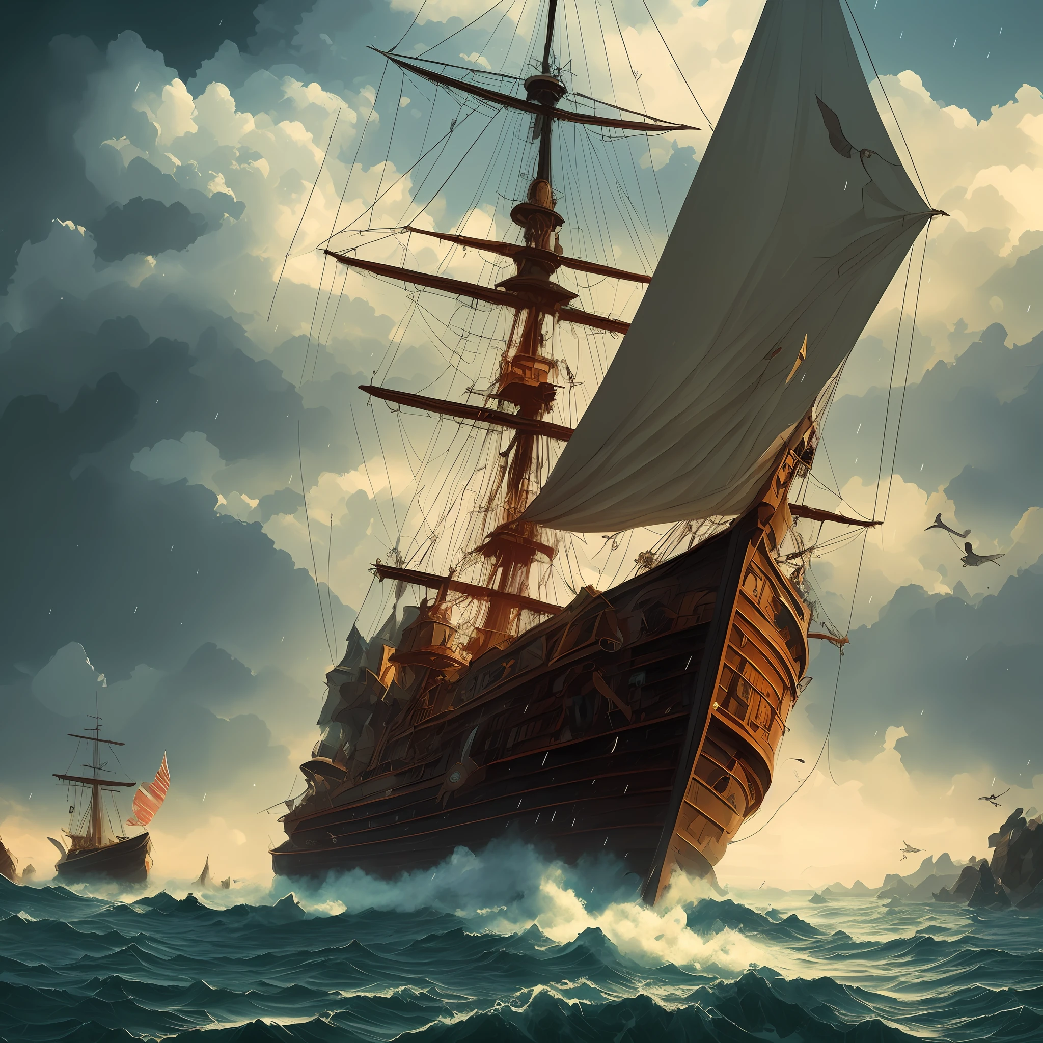 Pirate ship in middle of bad weather , detailed oil painting, unreal 5 render, rhads, sargent and leyendecker, savrasov levitan polenov, bruce pennington, studio ghibli, tim hildebrandt, digital art, landscape painting, octane render, beautiful composition, trending on artstation, award winning photograph, masterpiece, seekart style, (dreamlikeart:1.2). mdjrny-v4 style