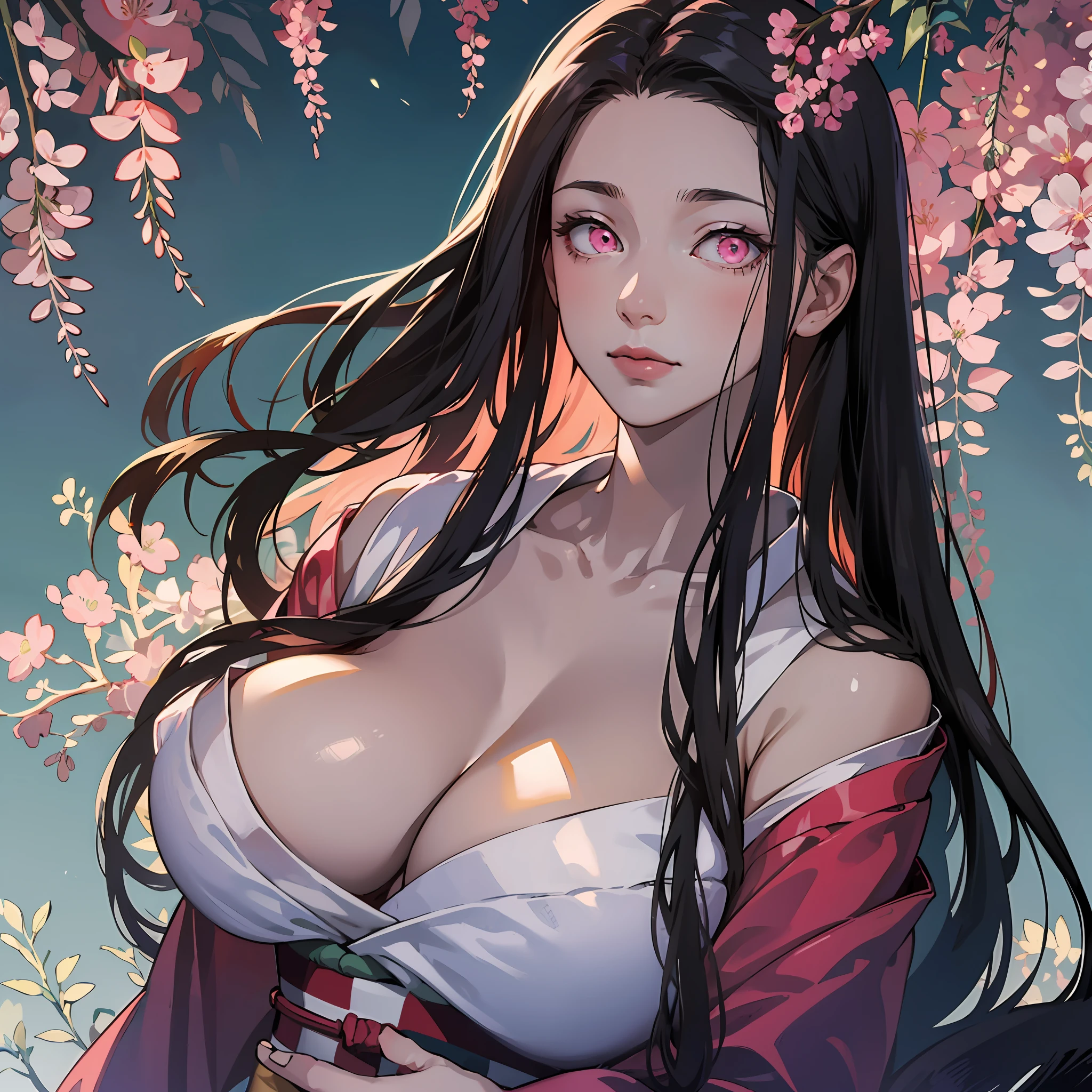 masterpiece, (pink kimono), seductive face, good lighting, décolleté, huge breasts, small details, masterpiece, glowing eyes, 1girl, black hair, gag, bamboo, Nezuko Kamado, wisteria background, masterpiece, best quality, POV, whole body, wide hips,