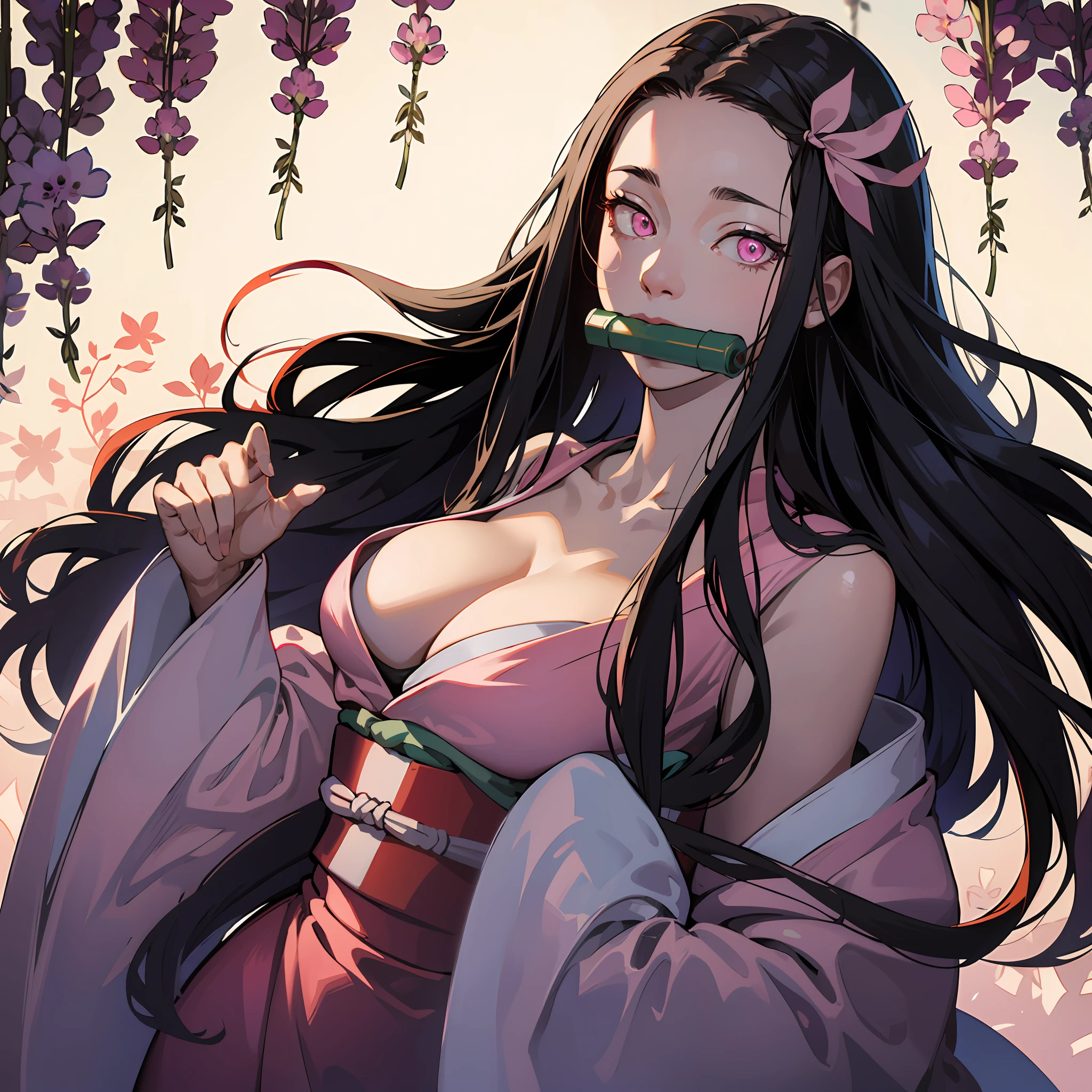 masterpiece, (pink kimono), seductive face, good lighting, décolleté, huge breasts, small details, masterpiece, glowing eyes, 1girl, black hair, gag, bamboo, Nezuko Kamado, wisteria background, masterpiece, best quality, POV, whole body, wide hips,