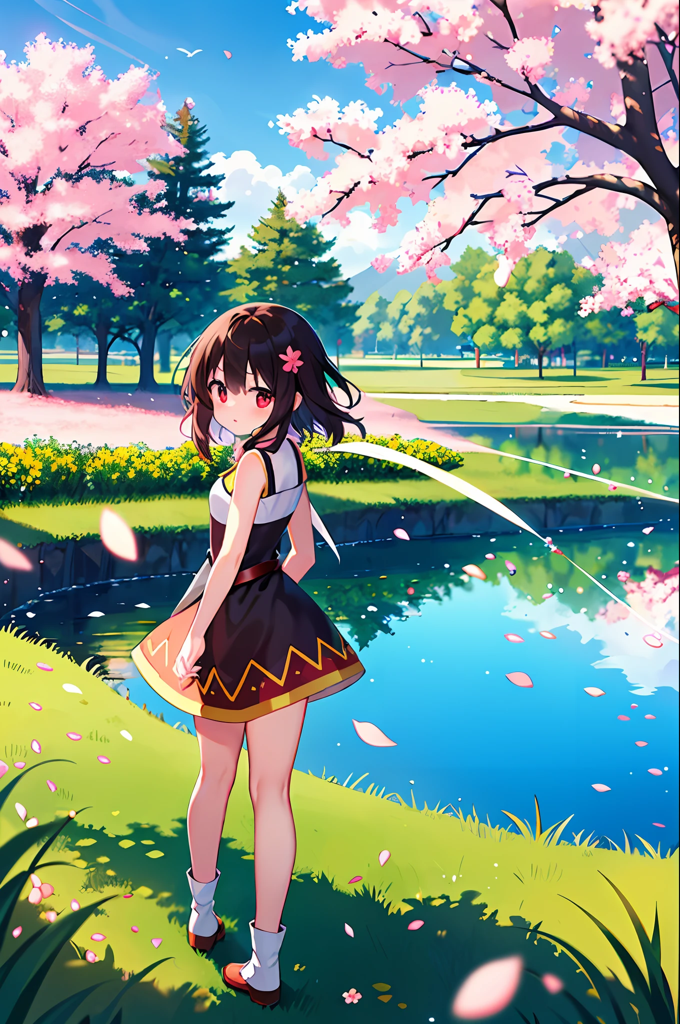 (Higher image quality), (Masterwork),(Detailed description of eyes),(Detailed description of face), 1girl, megumin, konosuba, red eyes,black hair,(short hair),short hair (floating in the wind), hair ornament, white dress, small breasts, bare legs, white socks, leather shoes, arms and hands behind the back, blush, fluttering grass, (spring, sakura flowers),  petals, (lens reflection), altocumulus, dazzling light, cool breeze, (shadow) of [a sakura tree], meadow, (grass is growing and birds are flying), (lake, surface reflection)