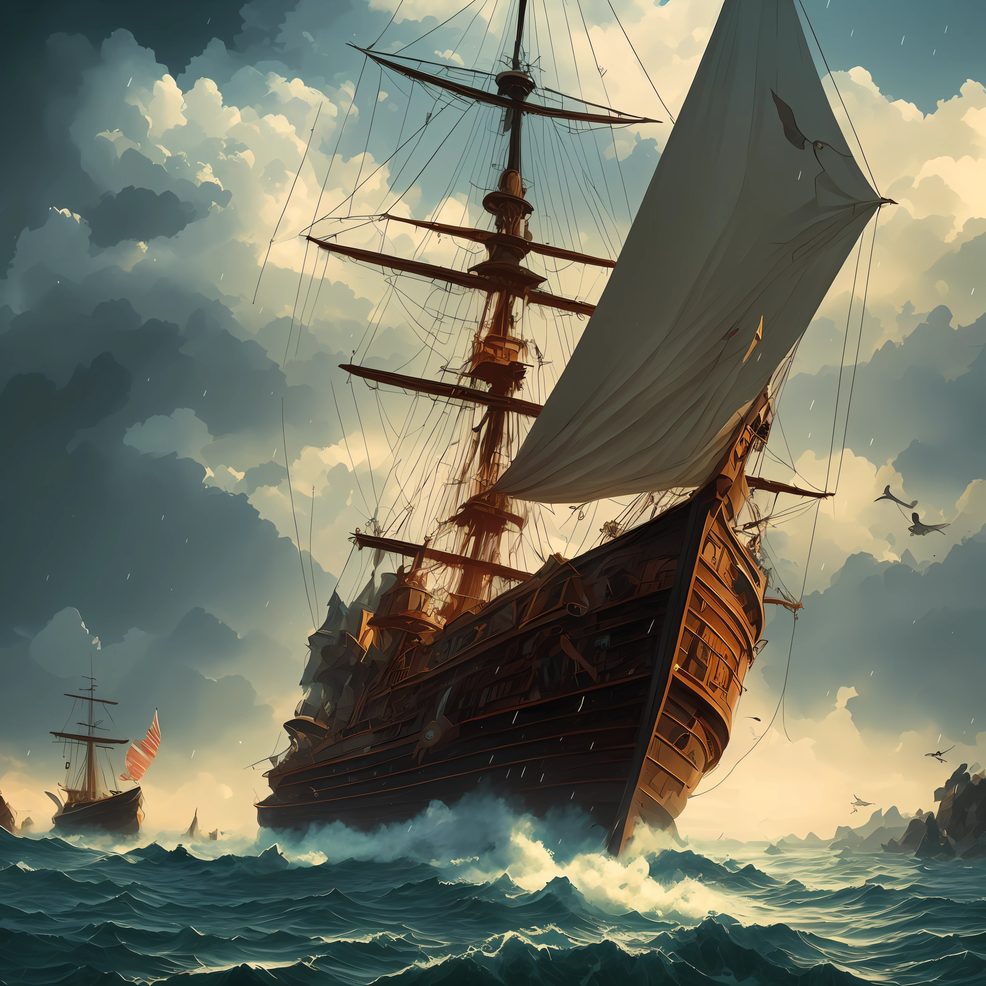 Pirate ship in middle of bad weather , detailed oil painting, unreal 5 render, rhads, sargent and leyendecker, savrasov levitan polenov, bruce pennington, studio ghibli, tim hildebrandt, digital art, landscape painting, octane render, beautiful composition, trending on artstation, award winning photograph, masterpiece, seekart style, (dreamlikeart:1.2). mdjrny-v4 style