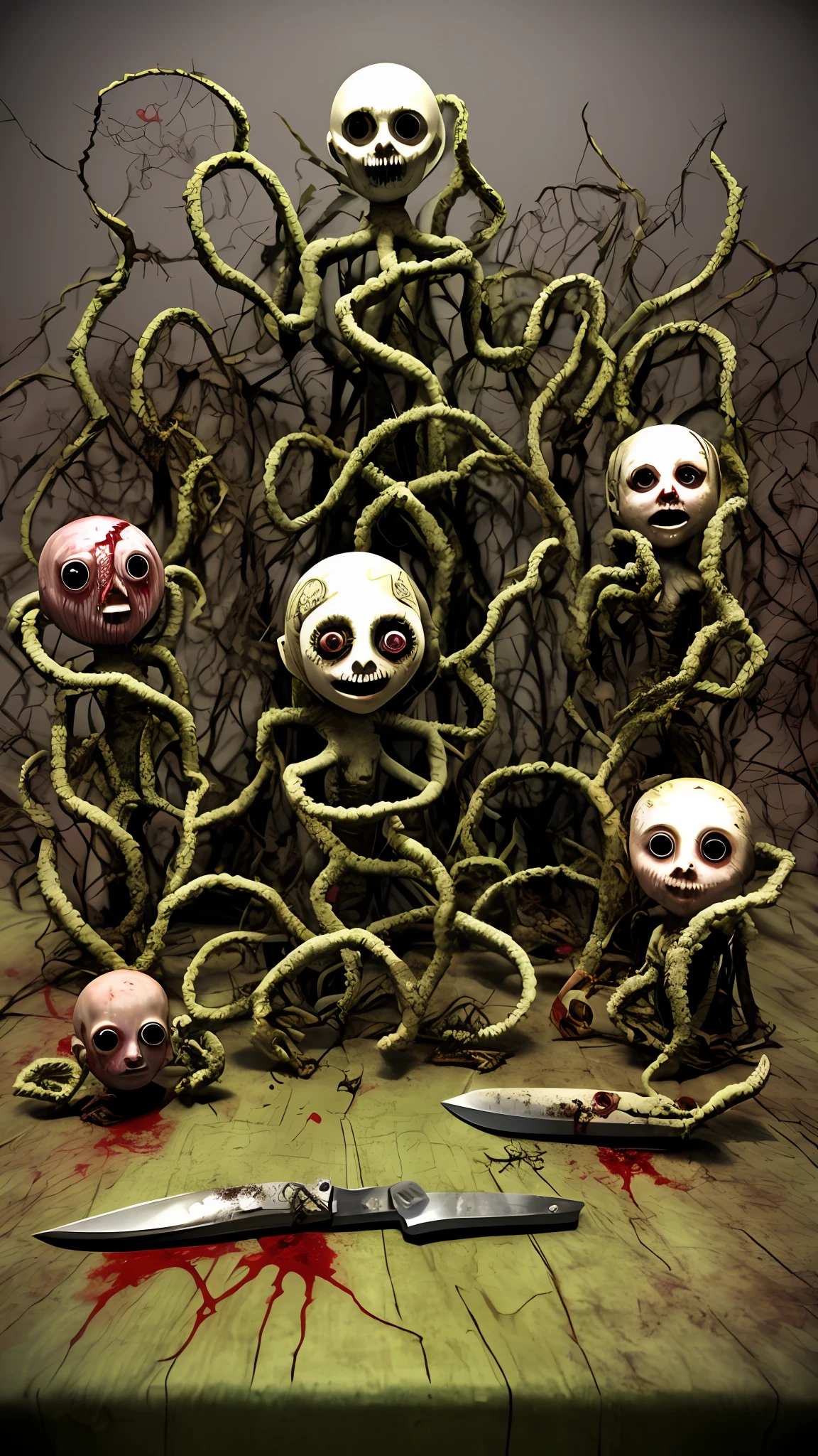 Horror dolls from Haunted Castle on a plotting table full of knives,Horror, spooky, frightening, secret terror, tentacles, vines, eyes, uncanny valley effect teeth, limbs, animals,blood moon