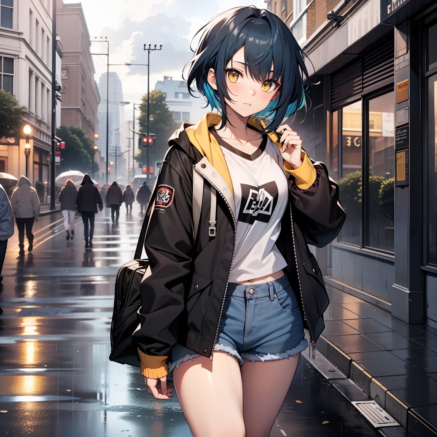 18 year old girl, short hair, blue hair, yellow eyes, black curo jacket, jean shorts, on a London street, cloudy weather, light rain, Highlights, 4K, good anatomy, long black socks, Masterpiece