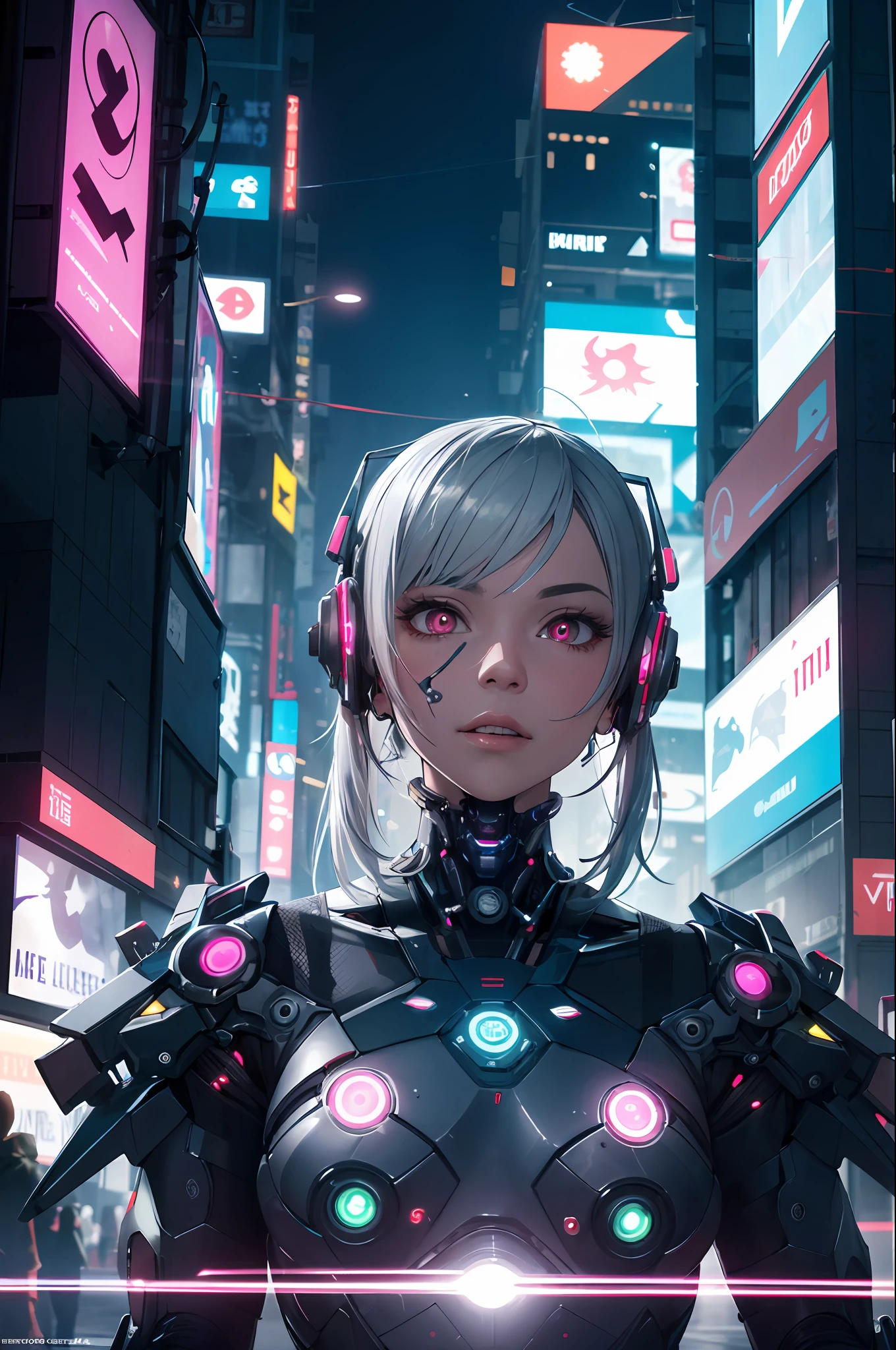 absurdres, highres, reflection, refraction:1.4, ultra detailed:1.4, (photorealistic:1.4, ultra high res, RAW photo), BREAK (cyberpunk:1.3), Android, robot_girl, silver hair, beautiful face with cool expression, In the dark decaying ruins, (super wide angle:1.2), shot from below BREAK ((neon lighting, vibrant glow, dynamic colors, striking contrast, futuristic vibe, electric energy, reflective surfaces))