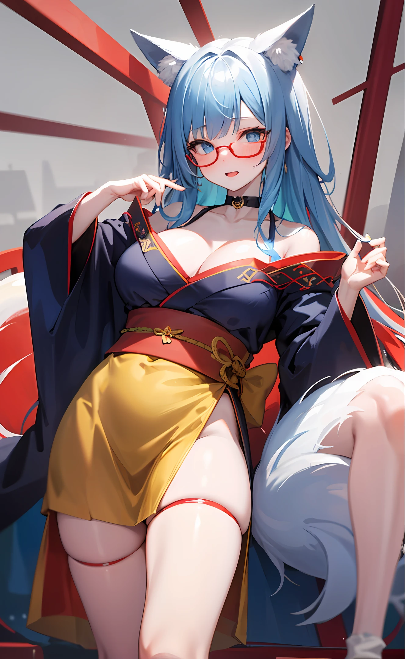 21-year-old half-slut girl with dark blue hair, fox ears, white skin, red glasses, sexy pose, blue black kimono, blue kimono with red edges and yellow cloth belt, big tits, a fox mask at the waist, blue eyes,