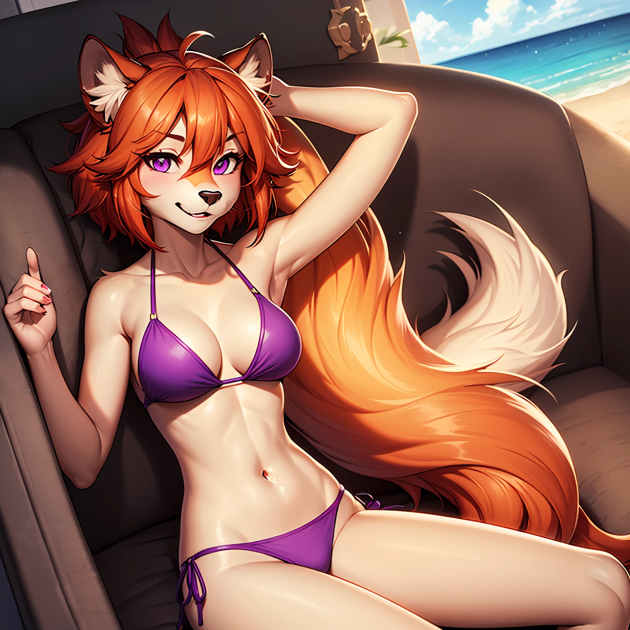 (1girl), Lioness girl, red hair, abundant short hair, brown skin, hairy, fluffy, bikini, purple eyes, medium chest, wide hips, high quality, furry --Furry Vixens