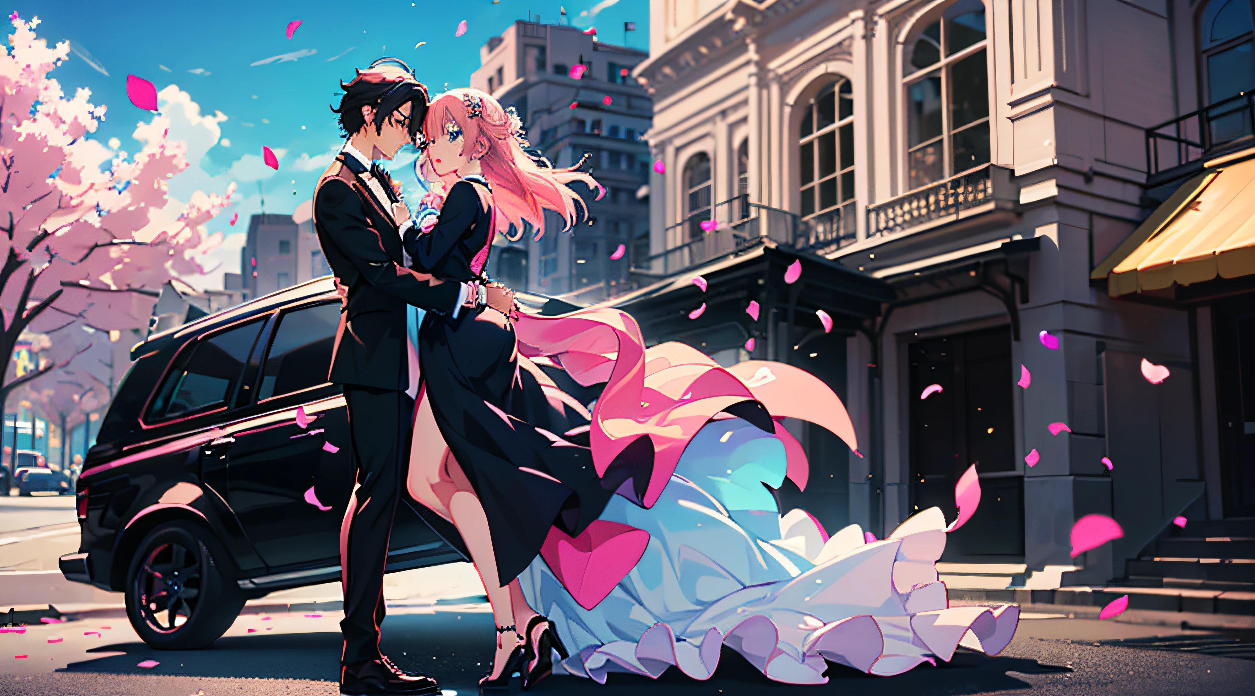 (woman with pink hair, sparkling light blue eyes)+(man with black hair and bright dark blue eyes)+(anime style Ilya Kuvshinov:1.2)+(newlywed couple leaving the church in front of a limousine with falling pink petals)+(full body image)