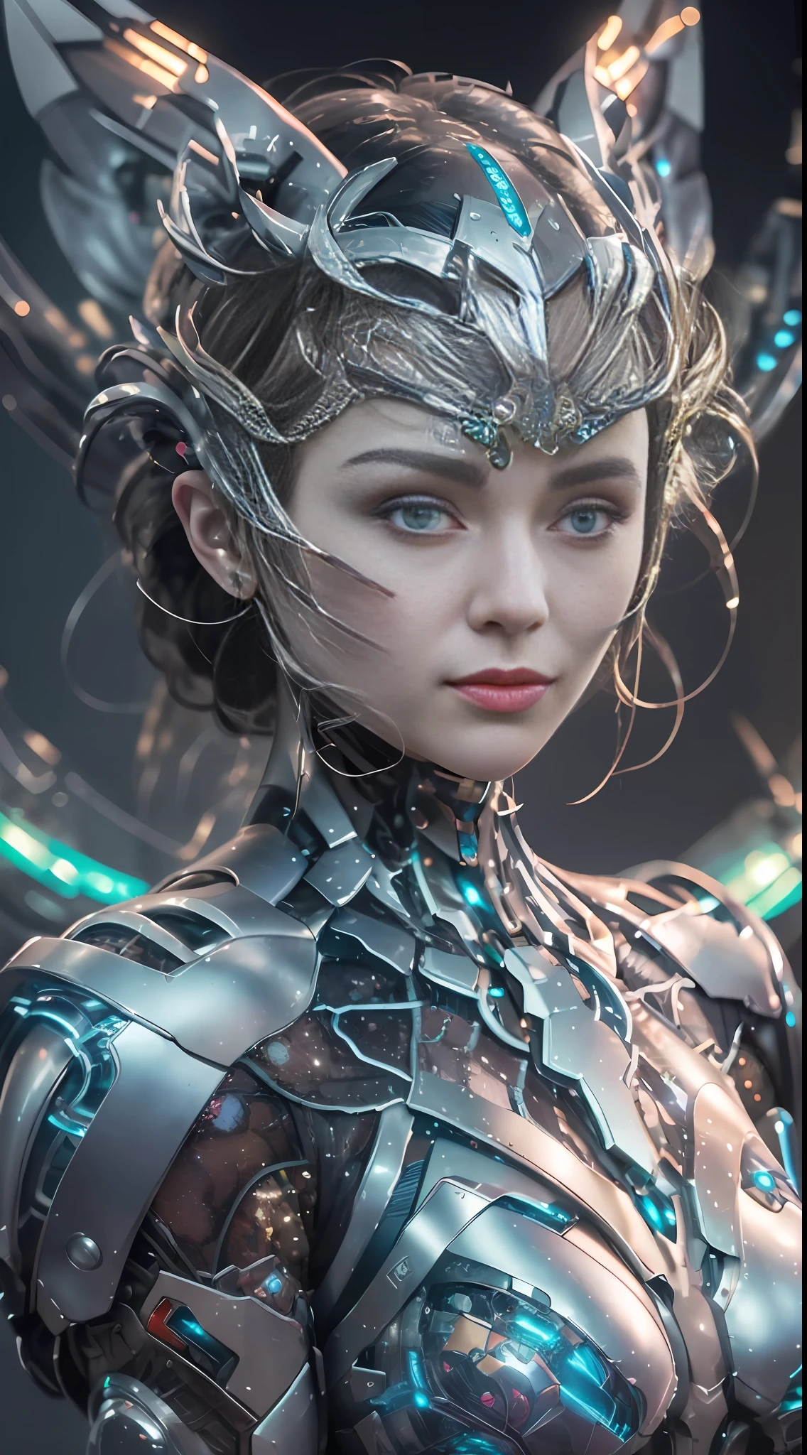 Masterpiece, best quality, super detailed, very detailed illustrations, very detailed, intricate details, high resolution, super complex details, very detailed 8k cg wallpaper, 50MM lens, caustics, reflections, ray tracing, nebulae, dark halos, network effects, (1girl:1.4), solo, alone, mecha musume, mechanical parts, robot joints, single mechanical arm, headgear, mechanical halo, star halo, electric mechanical bodysuit, mecha corset, kimono, full armor, very long hair, white hair, hair between eyes, multicolored hair, blue eyes, glowing eyes, random expression, random action