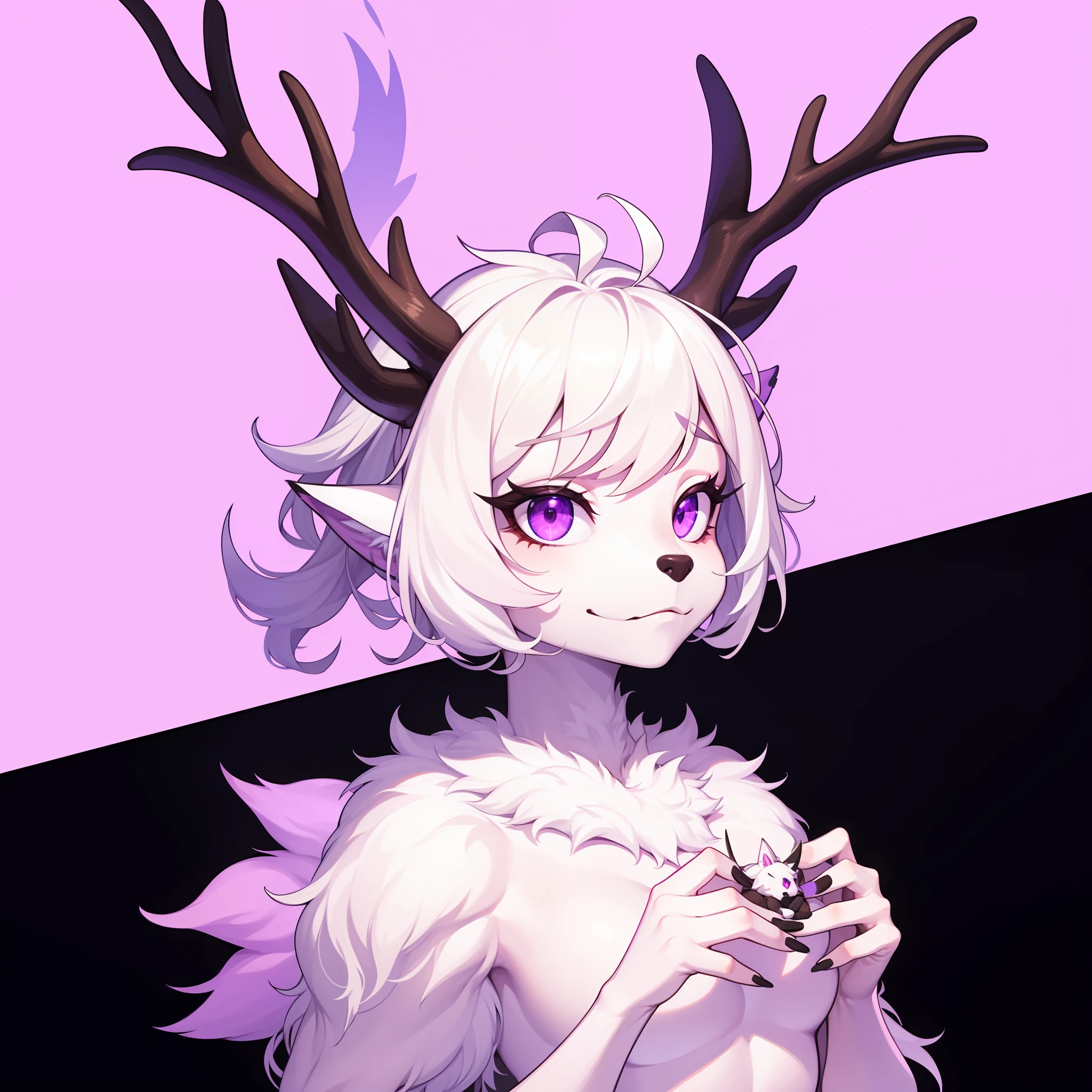 Drawing, 2D, White Dragon, furry, humanoid, Anthropomorphic dragon, white hair, female body, fox head, purple deer antlers, purple eyes with black eyelashes, white tail, smooth white back, white hands with purple nails. The background is pink with black.