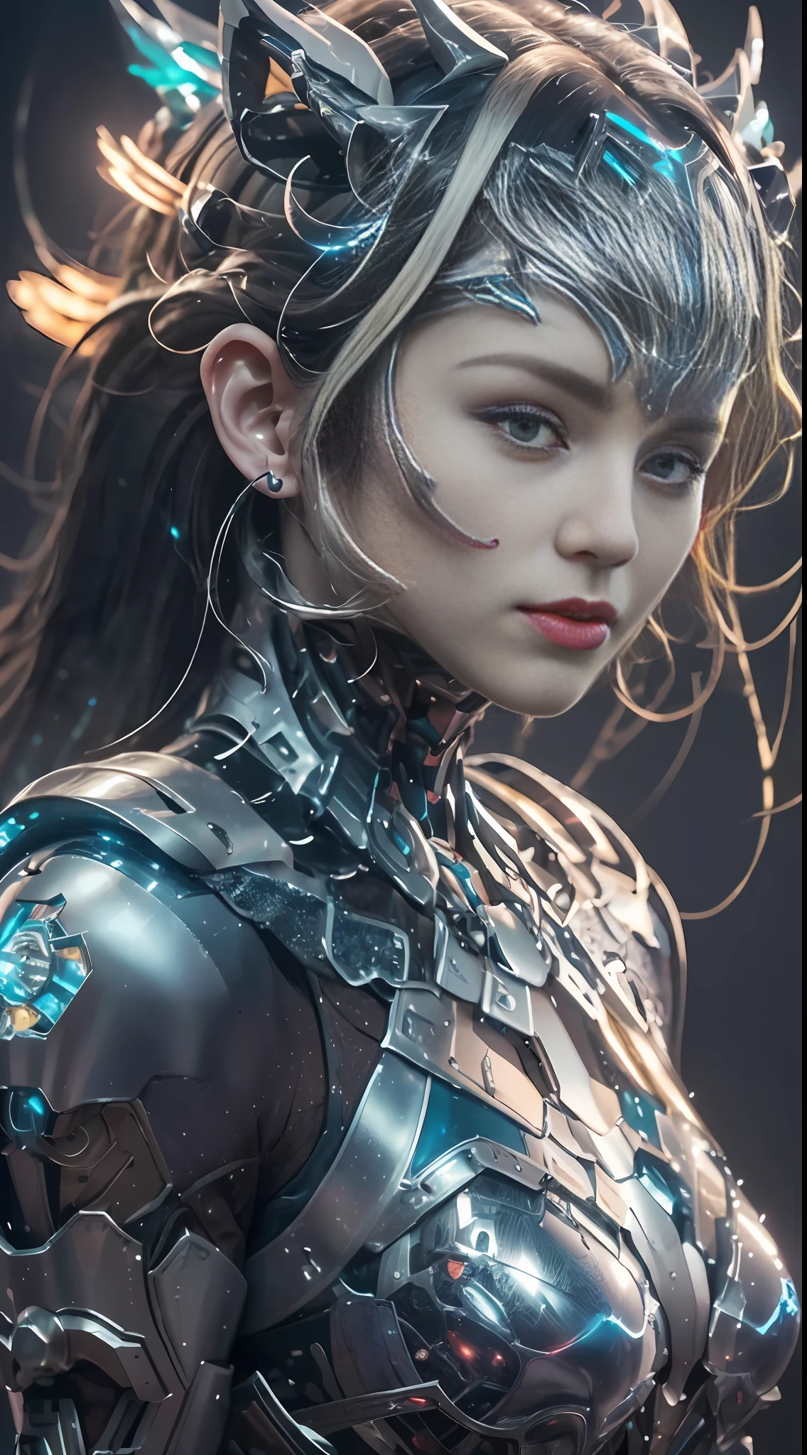 Masterpiece, best quality, super detailed, very detailed illustrations, very detailed, intricate details, high resolution, super complex details, very detailed 8k cg wallpaper, 50MM lens, caustics, reflections, ray tracing, nebulae, dark halos, network effects, (1girl:1.4), solo, alone, mecha musume, mechanical parts, robot joints, single mechanical arm, headgear, mechanical halo, star halo, electric mechanical bodysuit, mecha corset, kimono, full armor, very long hair, white hair, hair between eyes, multicolored hair, blue eyes, glowing eyes, random expression, random action