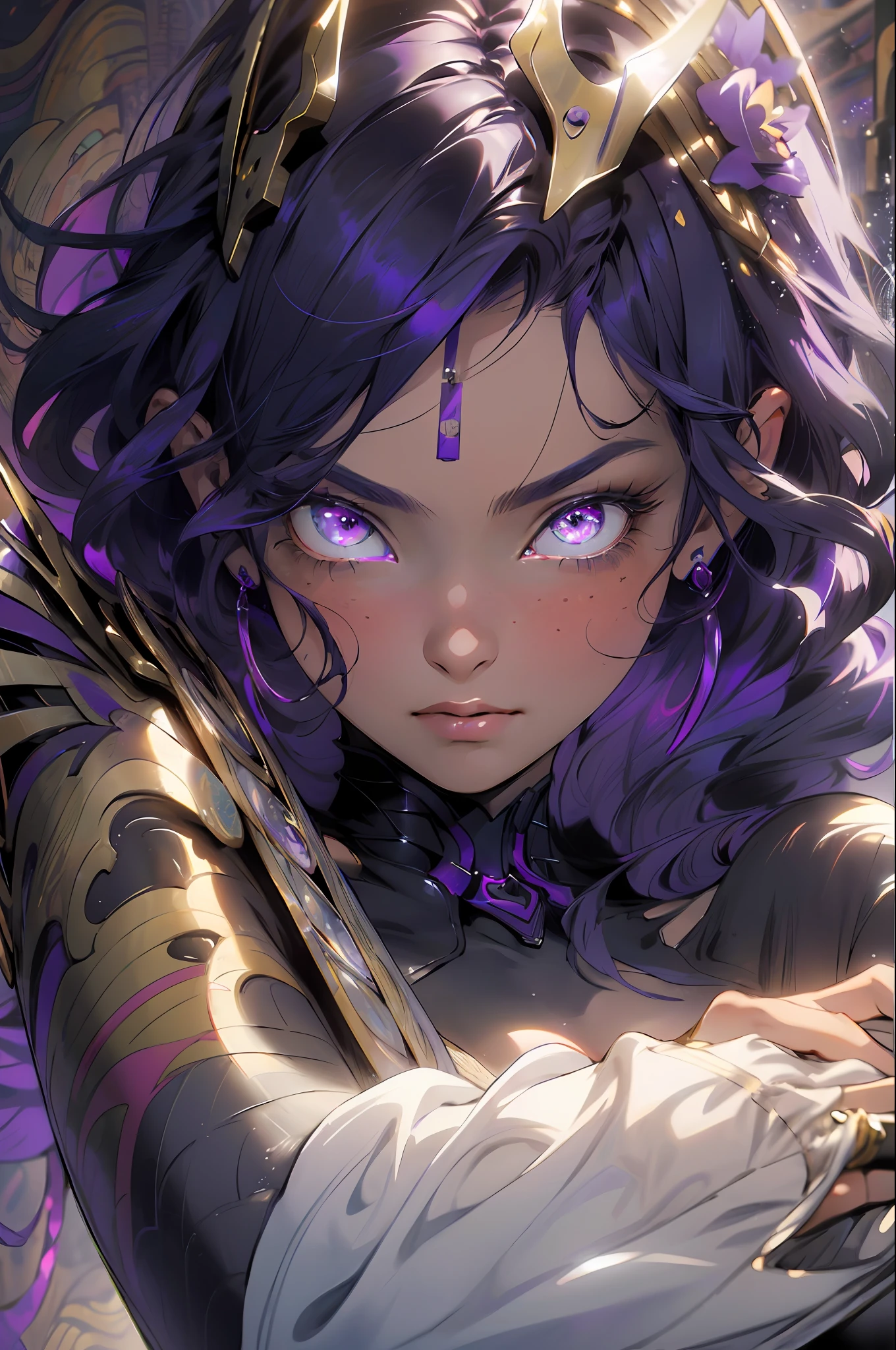 Realistic, (Masterpiece, Top Quality, Best Quality, Official Art, Beauty and Aesthetics: 1.2), Very Detailed, Fractal Art, Colorful, Most Detailed, Zentangle, (Abstract Background: 1.5) (1girl : 1.3), God, Purple Hair, (Glowing Purple Eyes), Mysterious, (Magic), Ice, Handsome Girl, Egyptian Style