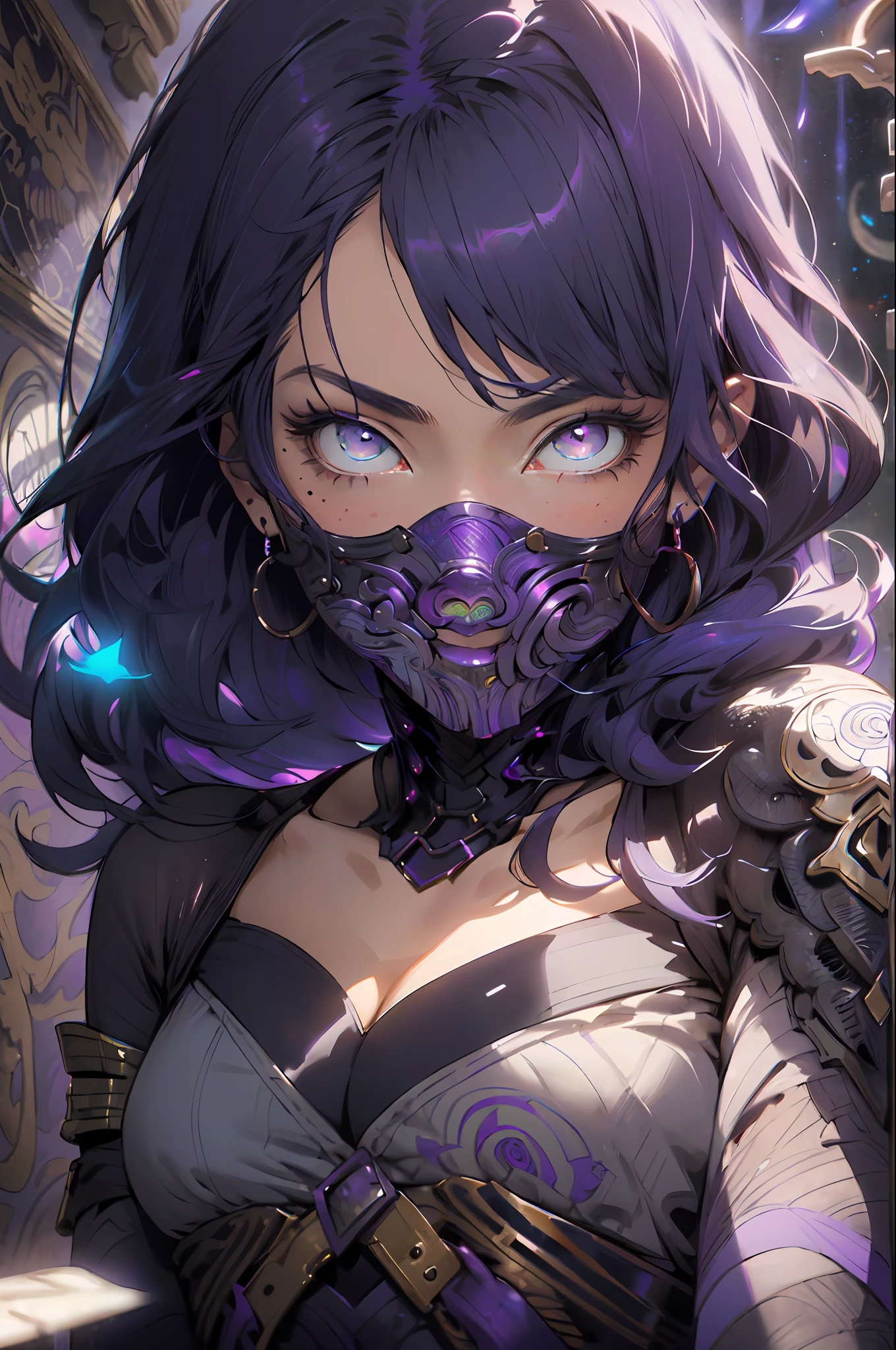 Realistic, (Masterpiece, Top Quality, Best Quality, Official Art, Beauty and Aesthetics: 1.2), Very Detailed, Fractal Art, Colorful, Most Detailed, Zentangle, (Abstract Background: 1.5) (1girl : 1.3), God, Purple Hair, (Glowing Purple Eyes), Mysterious, (Magic), Ice, Handsome Girl, Egyptian Style