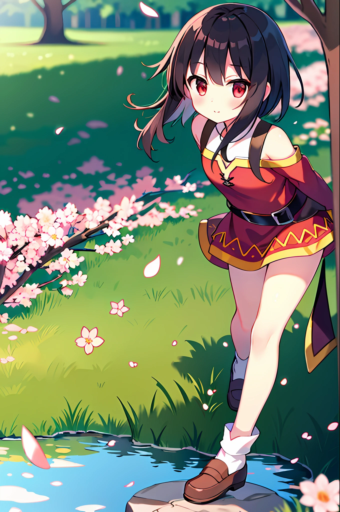 (Higher image quality), (Masterwork),(Detailed description of eyes),(Detailed description of face), 1girl, megumin, konosuba, red eyes,black hair,(short hair),short hair (floating in the wind), hair ornament, white dress, small breasts, bare legs, white socks, leather shoes, arms and hands behind the back, blush, fluttering grass, (spring, sakura flowers),  petals, (lens reflection), altocumulus, dazzling light, cool breeze, (shade ) of [a sakura tree], meadow, (grass is growing and birds are flying), (lake, surface reflection), at night