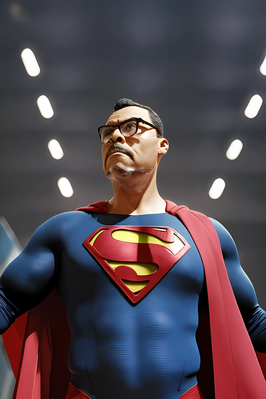 Guttonerdvision4, a 45-year-old man, wearing glasses, detailed skin, detailed face, poros, whole body in the scene, wearing Superman's uniform. The outfit is detailed with its 3m.its logo and red cape on its back. The outfit is from the movie "Man of steel". The man is standing in mid-air with his cloak fluttering, having the city below him blurry. The lighting is cinematic, and the scene very detailed in UHD is unreal engine rendering. Photorealism is the trend of this award-winning photography.