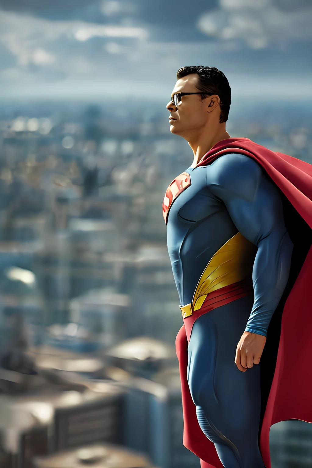 Guttonerdvision4, a 45-year-old man, wearing glasses, detailed skin, detailed face, poros, whole body in the scene, wearing Superman's uniform. The outfit is detailed with its 3m.its logo and red cape on its back. The outfit is from the movie "Man of steel". The man is standing in mid-air with his cloak fluttering, having the city below him blurry. The lighting is cinematic, and the scene very detailed in UHD is unreal engine rendering. Photorealism is the trend of this award-winning photography.