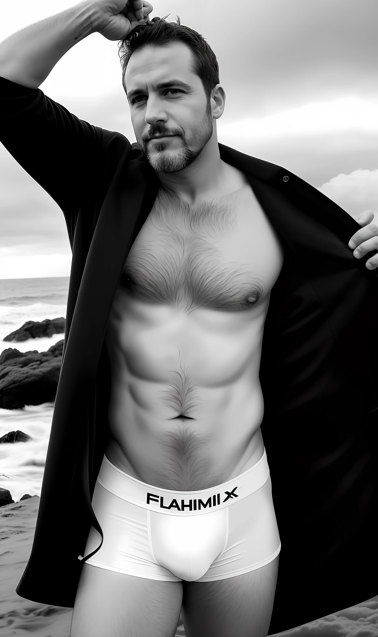 black and white photo of a 42-year-old man, taking off his clothes, tight underwear, showing penile volume, goatee, face, half body, detailed hairy body, highly detailed skin, skin pores, coastline, cloudy weather, wind, waves, 8k uhd, Dslr, soft lighting, high quality, film grain, Fujifilm XT3, reading a book