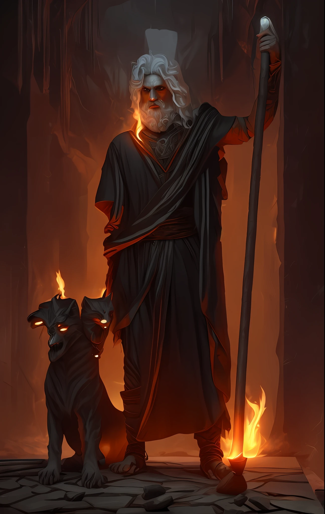 Hades, Greek god, god of the underworld, dark and mysterious, with jet-black hair and a beard, dressed in regal black robes, holding a bident, standing in the gloomy and ominous depths of the underworld, surrounded by flickering torches and souls of the departed, creating a haunting and eerie atmosphere, intricate, elegant, highly detailed, digital painting, art by artgerm and artstation, masterpiece, one person only, extremely detailed, human skin, alive, detailed background, full body, underworld, torches, souls, Cerberus next to Hades, best quality