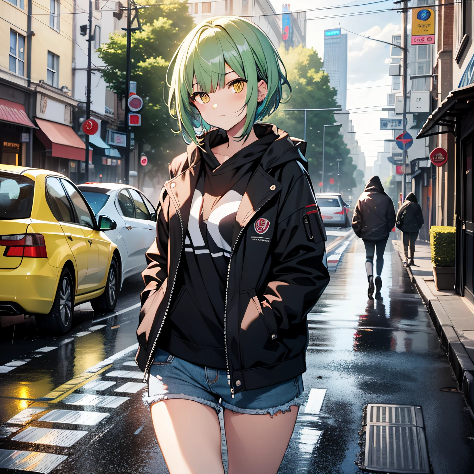 18 year old girl, short hair, blue-green hair, yellow eyes, black curo jacket, jean shorts, on a London sidewalk, cloudy weather, light rain, Highlights, 4K, good anatomy, long black socks, masterpiece