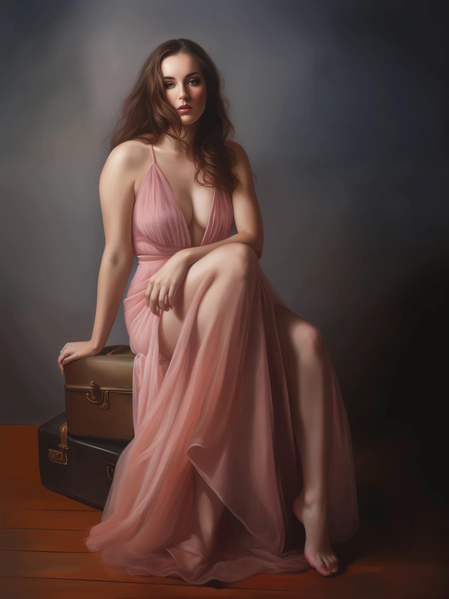 arafed portrait of a woman in a pink dress sitting on a suitcase, full body portrait painting, fine art portrait photography, ethereal beauty, elegant portrait, epic and classy portrait, inspired by Julie Bell, full body portrait, award winning portrait, inspired by Cynthia Sheppard, gorgeous portrait, stoya expressive oil painting, as a matte oil painting, a stunning young ethereal figure